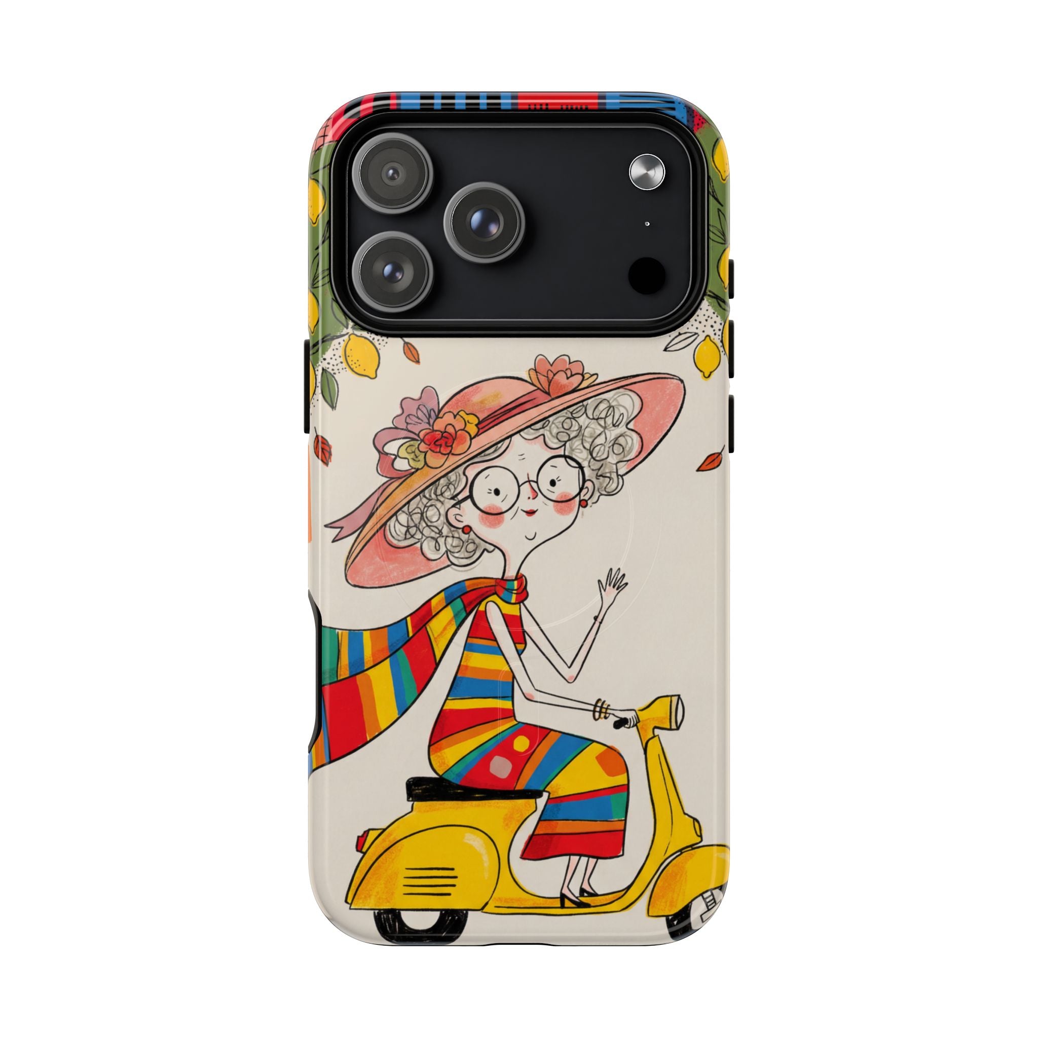 Vintage Scooter Granny MagSafe iPhone Case | Colourful Retro Elderly Lady Design