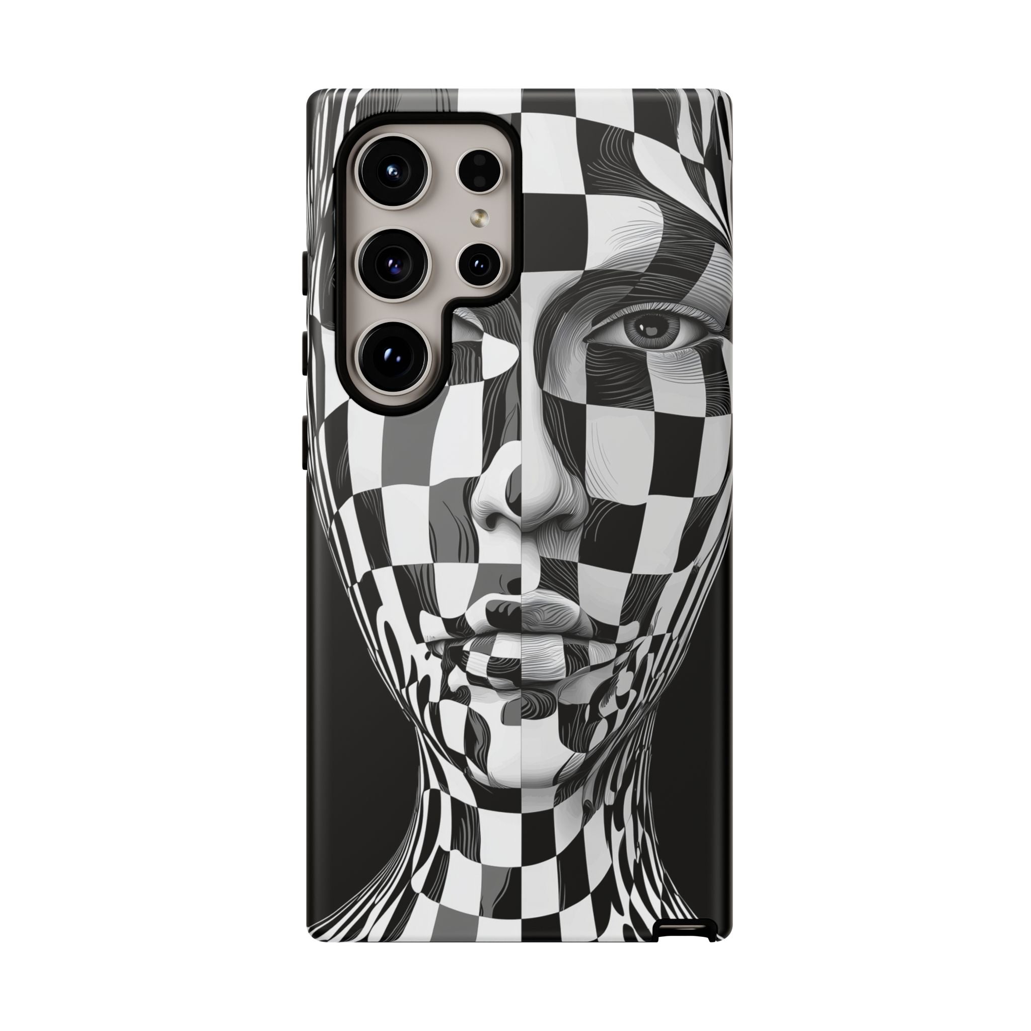 Checkerboard Face Tough Samsung Galaxy Case — Black & White Surreal Art Protective Cover