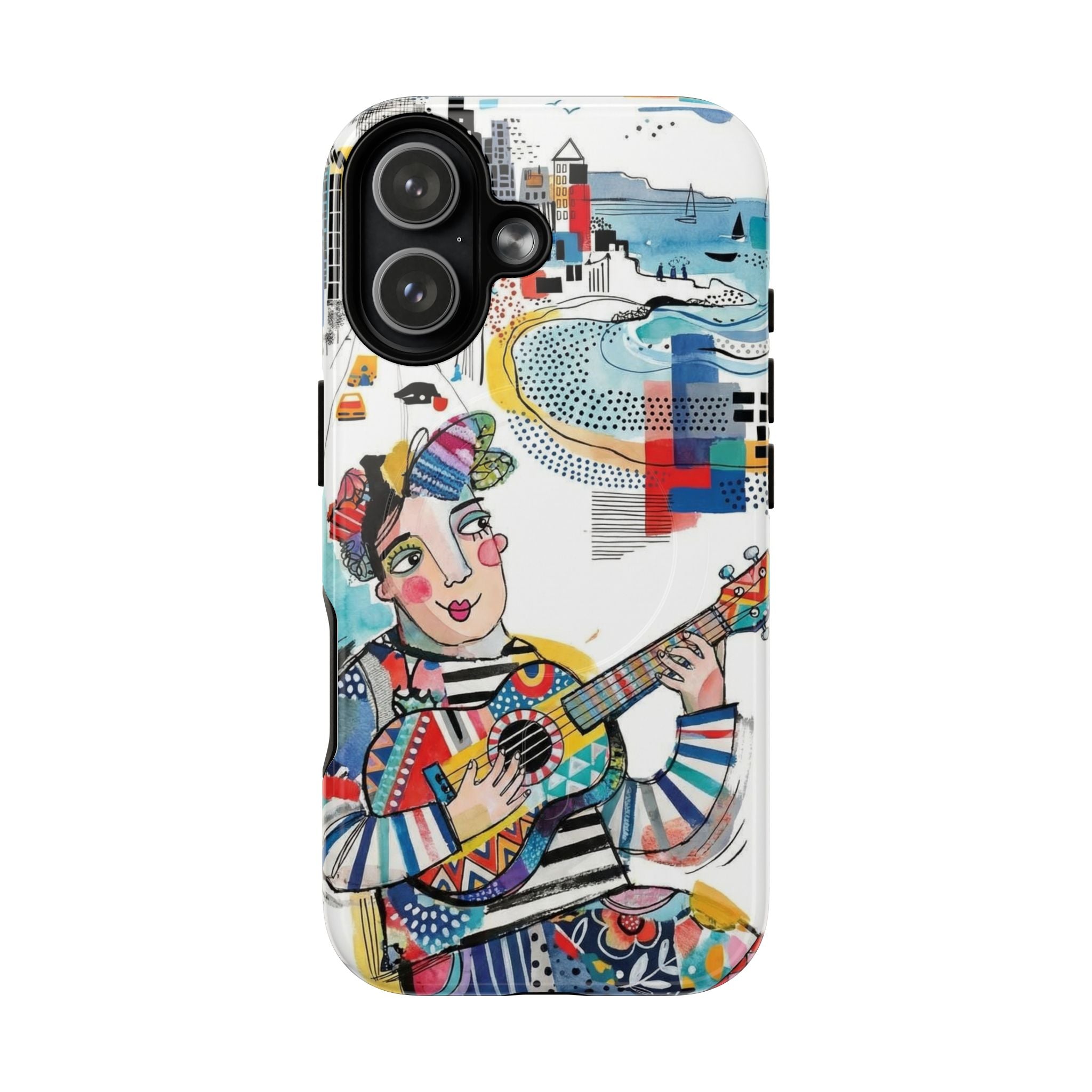 Artistic Musician MagSafe iPhone Case | Colorful Guitar Cityscape Tough Case