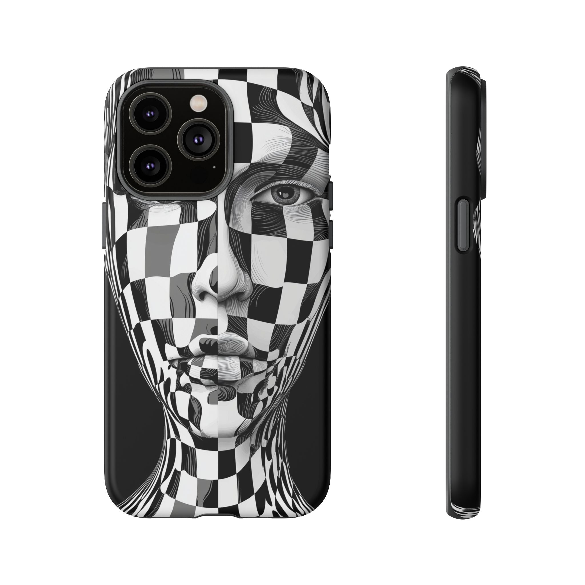 Checkerboard Face Tough iPhone Case — Black & White Surreal Art Protective Cover