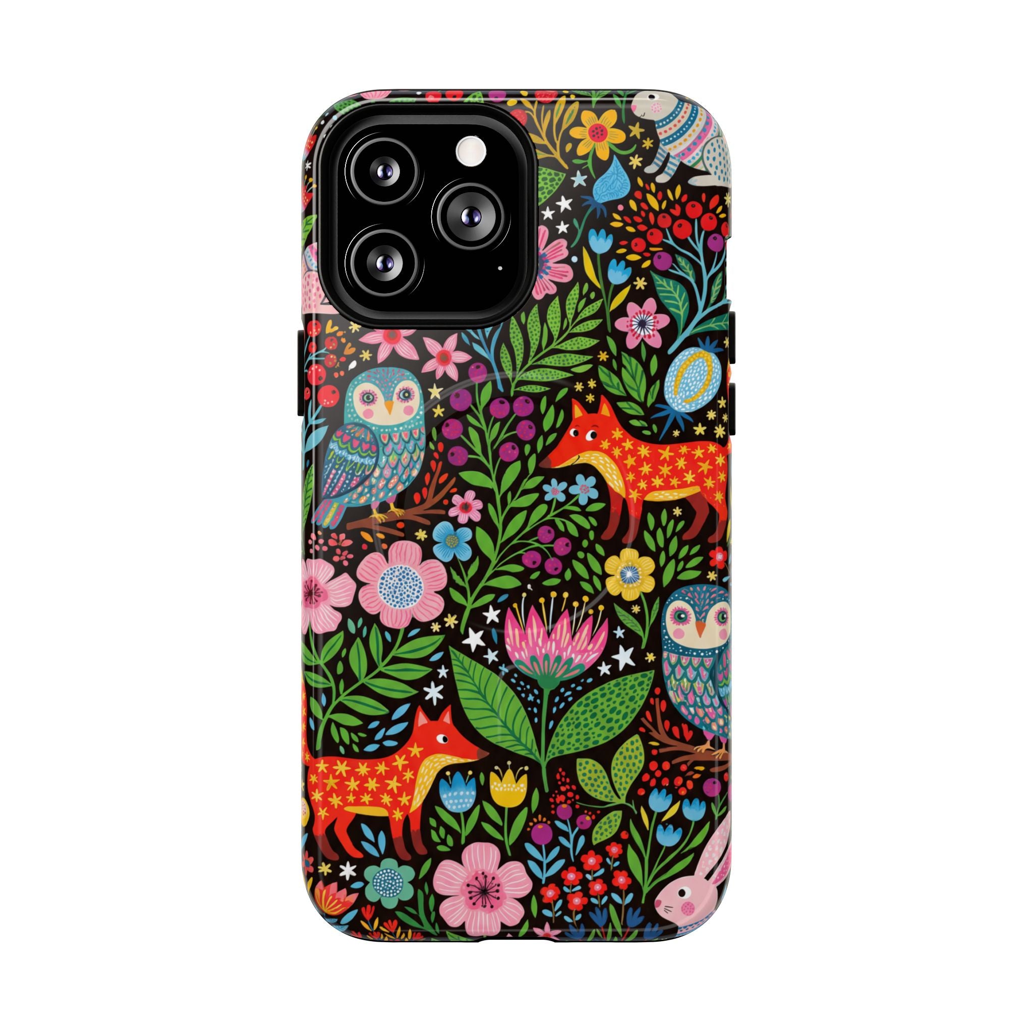 Floral Woodland MagSafe iPhone Case | Colourful Fox & Owl Protective Cover