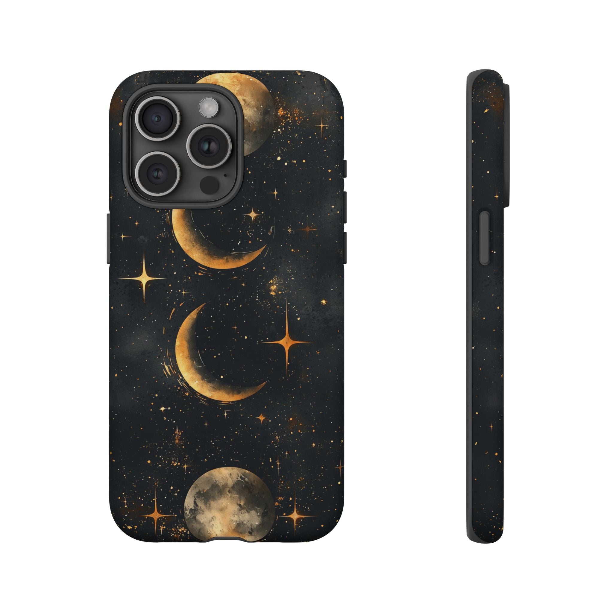 Celestial Moon Phases Tough iPhone Case | Gold Crescent & Full Moon Galaxy Design