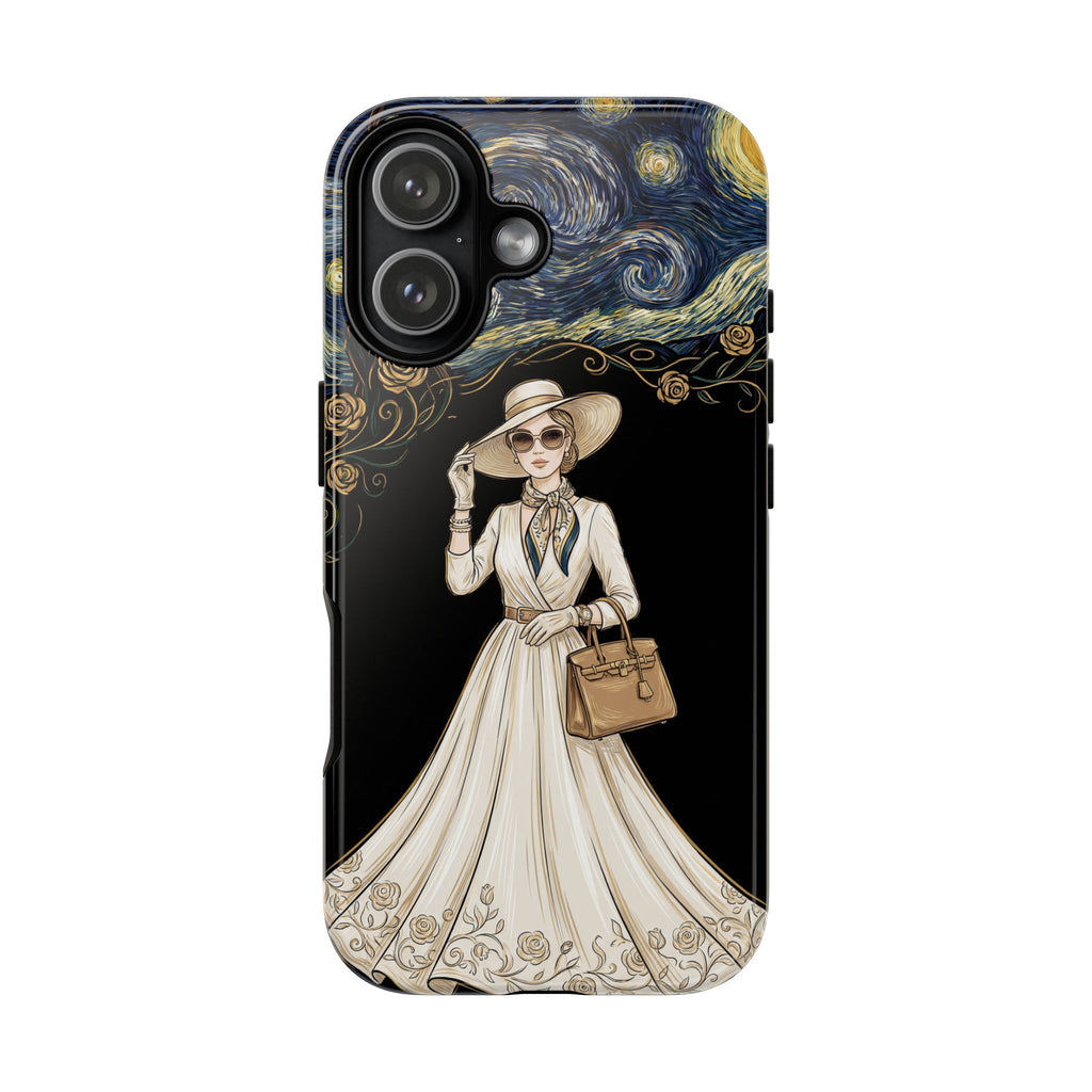 Vintage Starry Night Fashion iPhone Case | Elegant Lady in White Dress