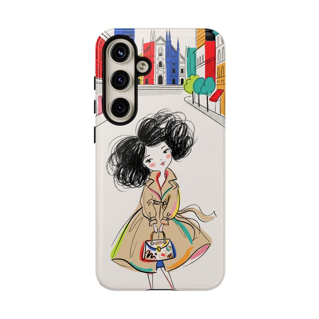 Custodia per Samsung Galaxy Ragazza di Città Chic con Trench Illustrato