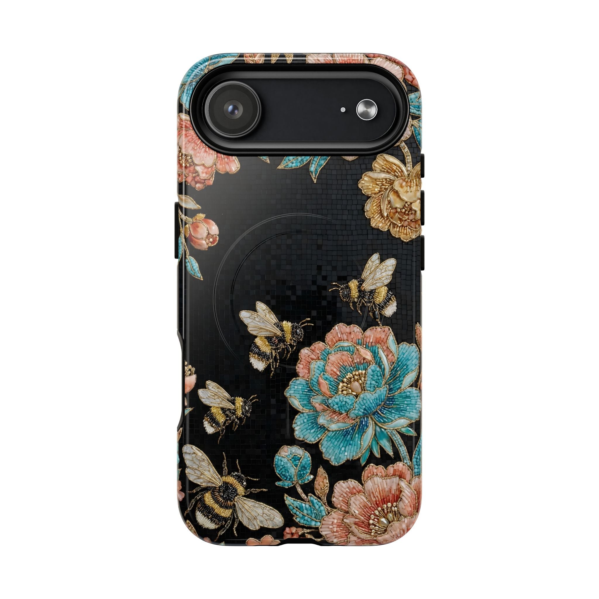 Floral Bees Tough MagSafe iPhone Case | Vintage Rose & Bumblebee Protective Cover