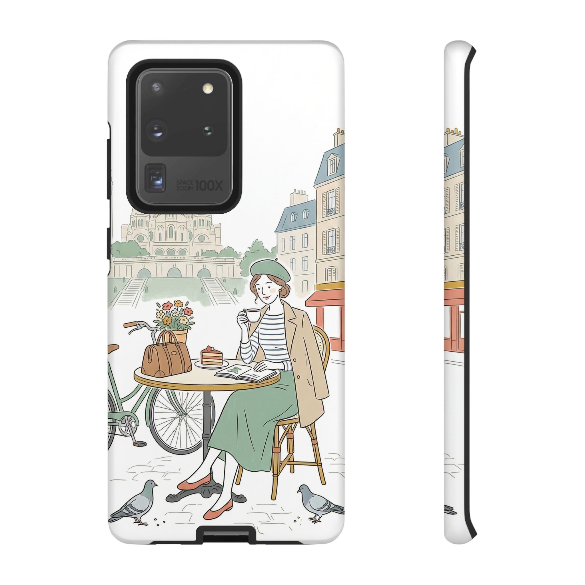 Paris Cafe Illustration Samsung Galaxy Phone Case | Vintage Bicycles & Pigeons Protective Cover