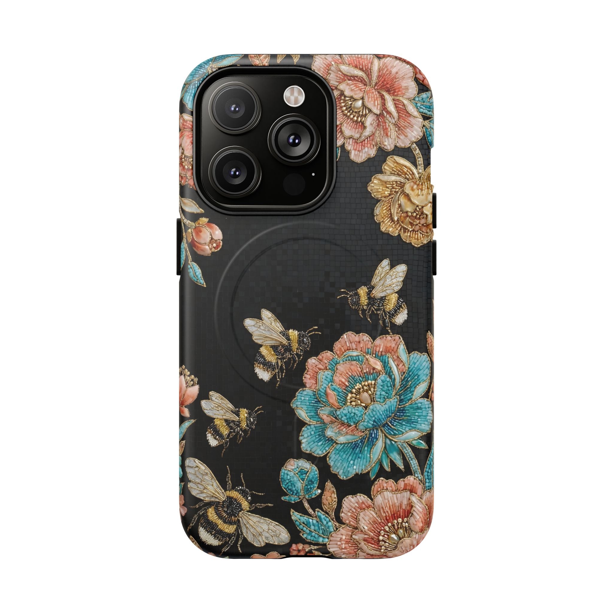Floral Bees Tough MagSafe iPhone Case | Vintage Rose & Bumblebee Protective Cover