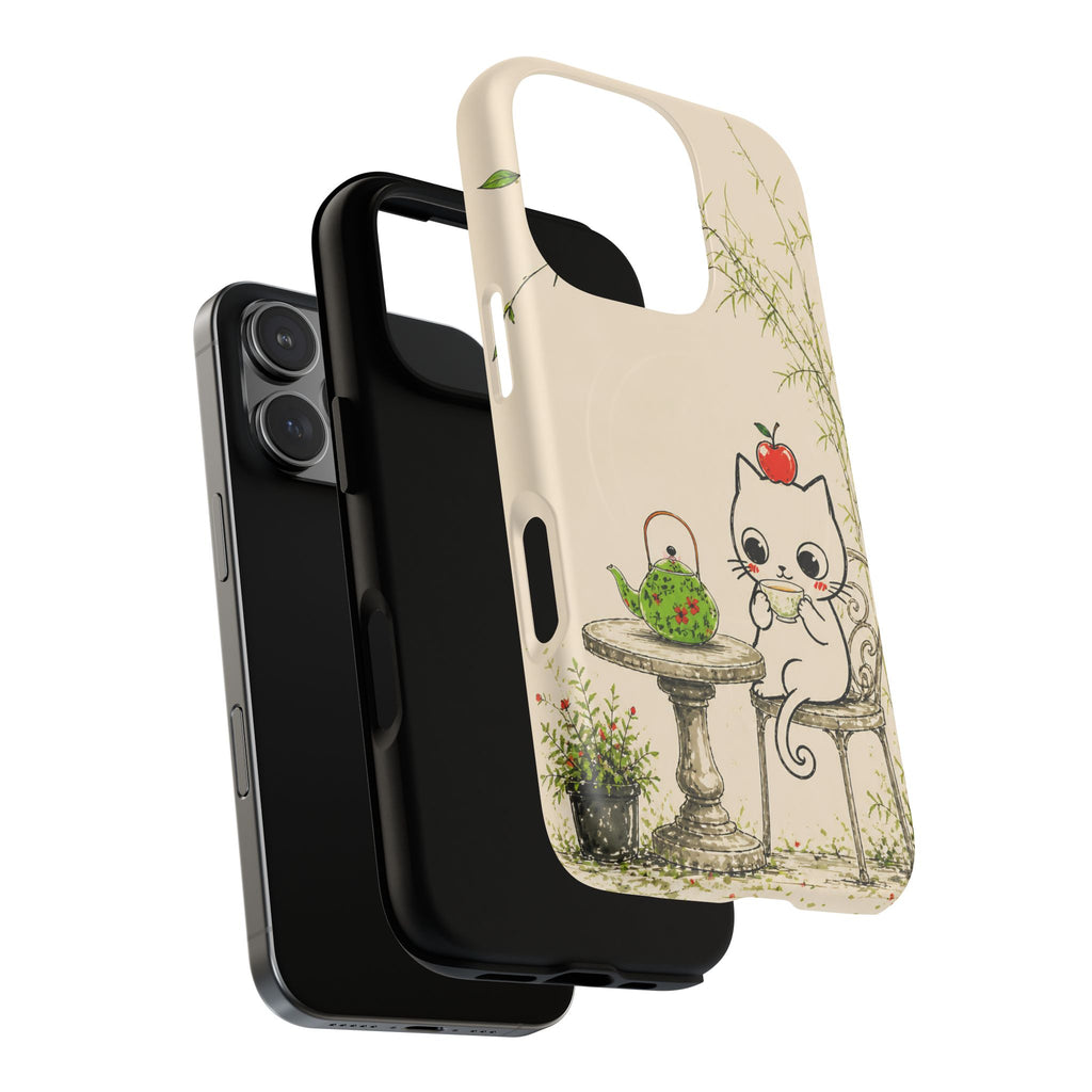 Cute Cat Tea Time MagSafe iPhone Case | Kawaii Kitten with Apple Design
