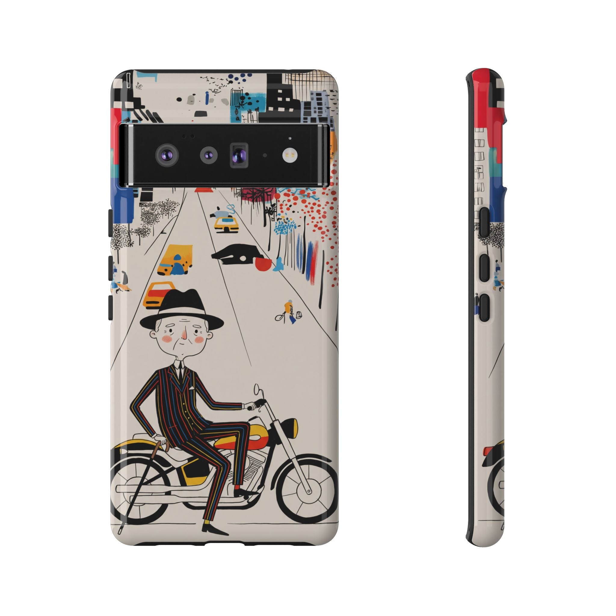 Vintage Grandpa Rider Motorcycle Google Pixel Phone Case | Illustrated Cityscape
