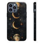 Celestial Moon Phases Tough iPhone Case | Gold Crescent & Full Moon Galaxy Design