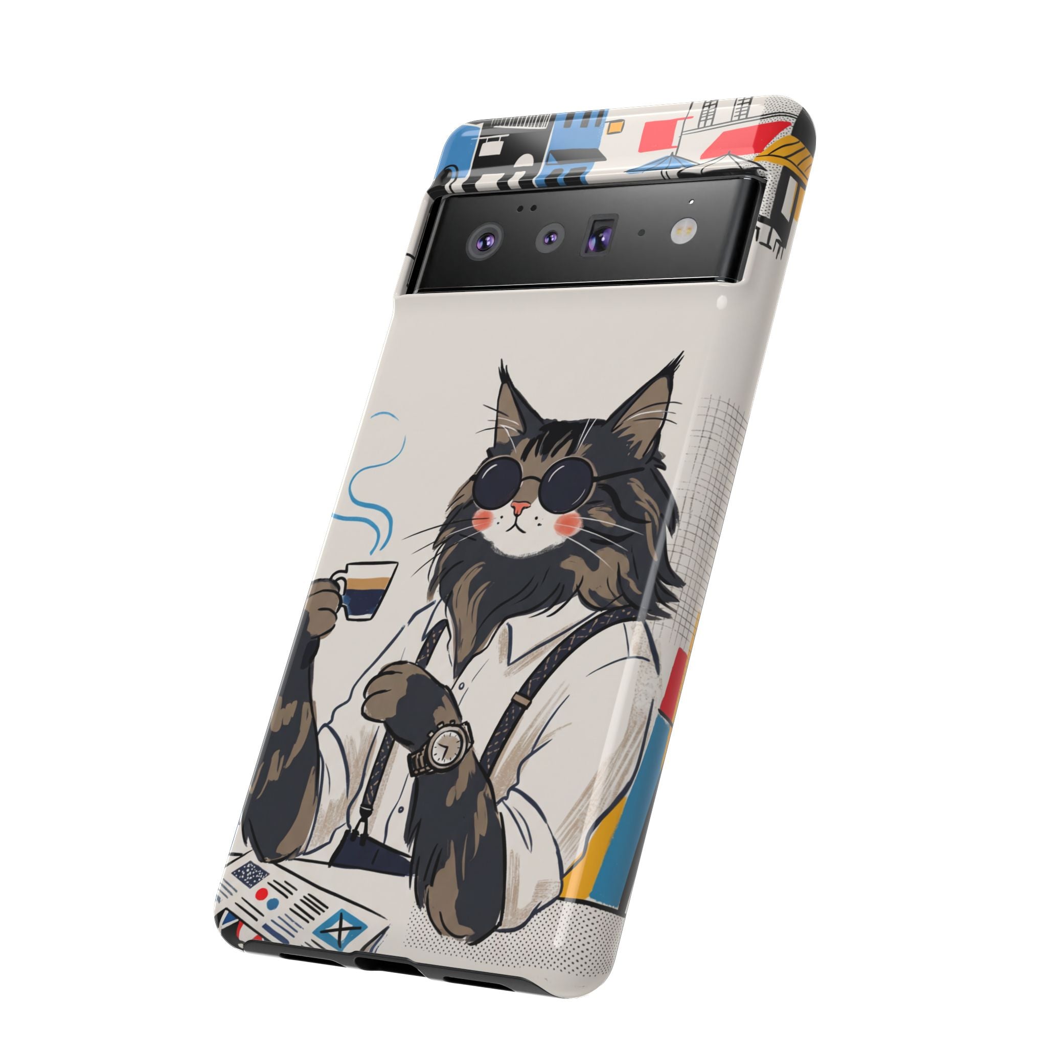 Cat Barista Google Pixel Phone Case | Cool Cat in Sunglasses Coffee Shop Design