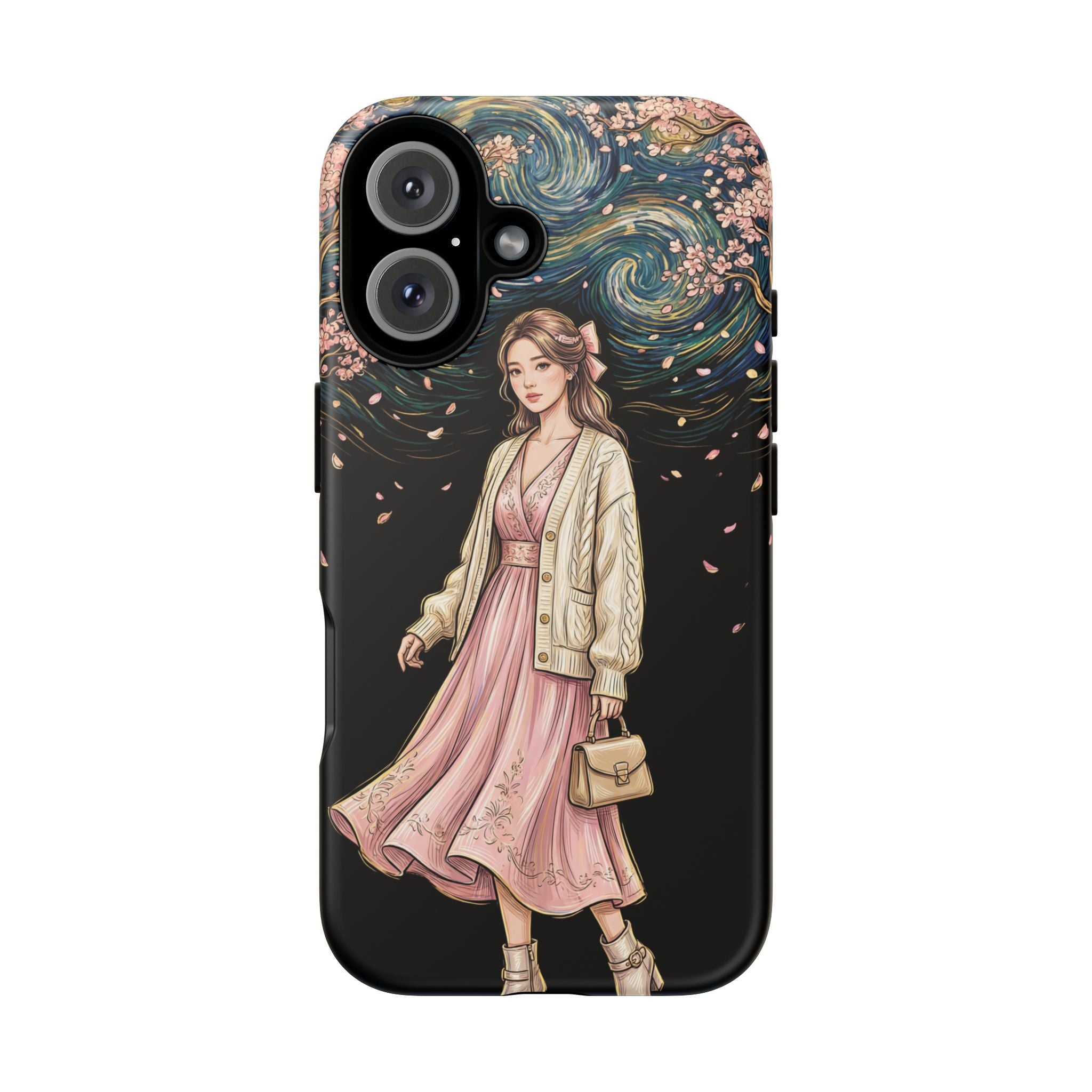 Floral Starry Night iPhone Case | Elegant Girl in Pink Dress