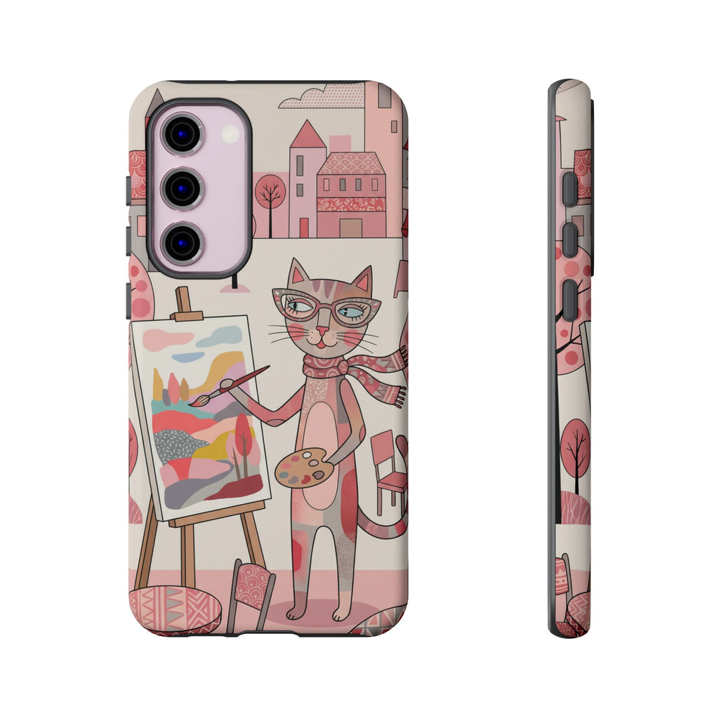 Artistic Cat Samsung Galaxy Phone Case | Painter Kitty Illustration Tough Case