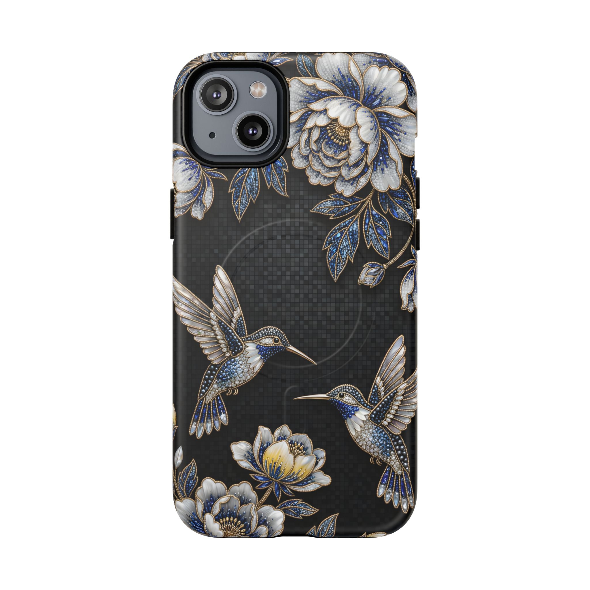 Hummingbird & Peony Floral MagSafe iPhone Case | Elegant Black Protective Cover