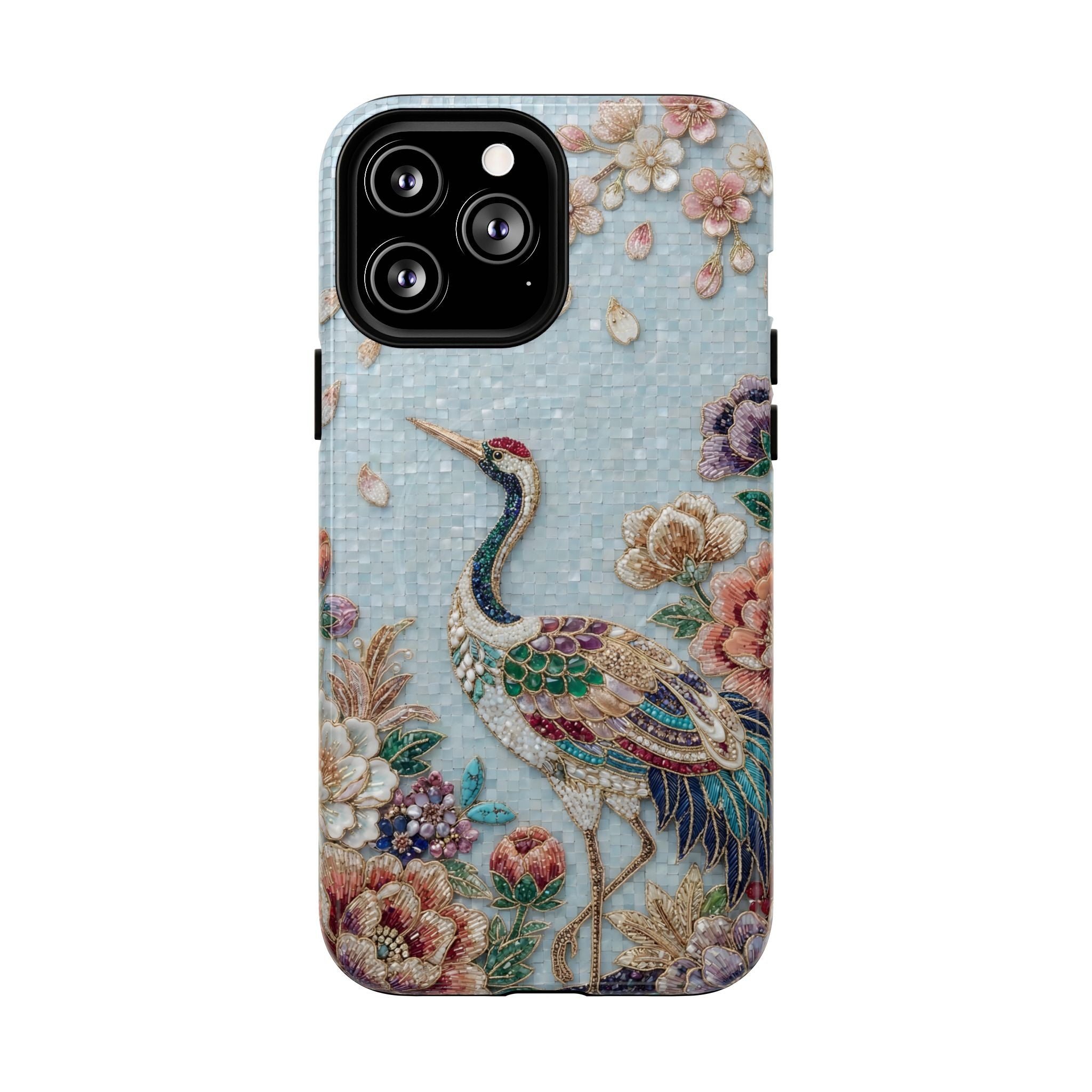 Floral Crane Tough MagSafe iPhone Case | Vintage Embroidered Bird Protection
