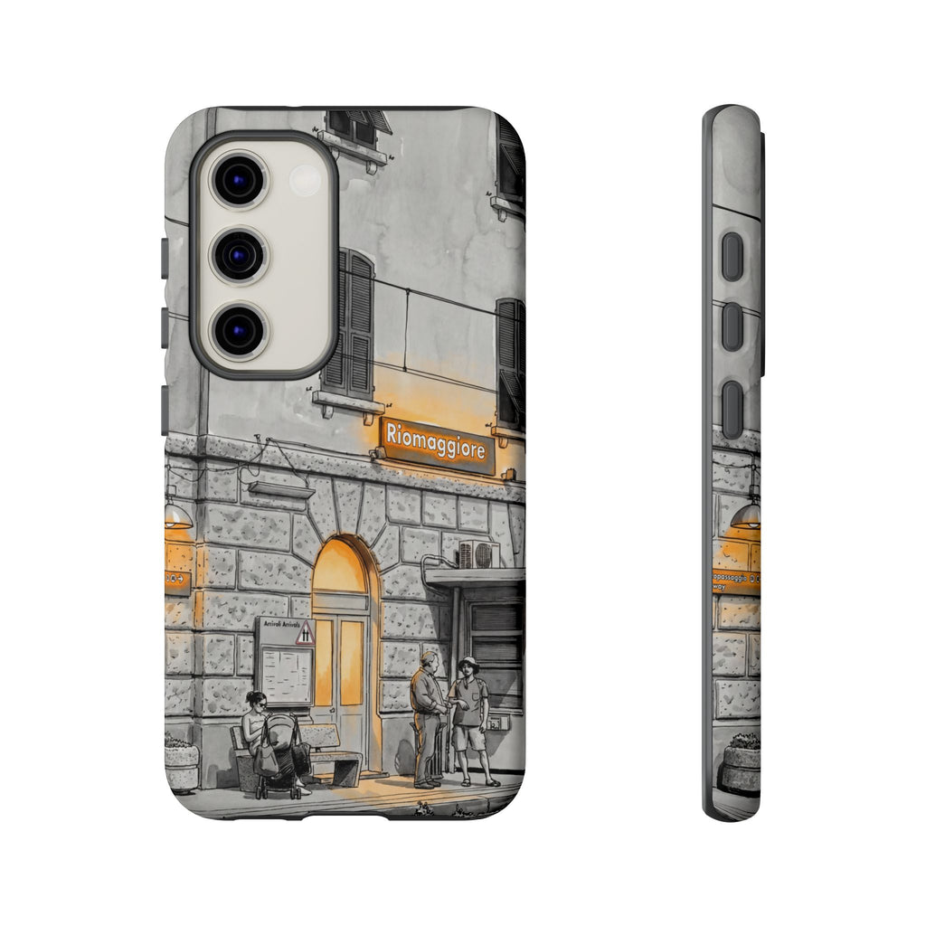 Custodia per Samsung Galaxy con stazione ferroviaria Cinque Terre | Schizzo in bianco e nero con accenti gialli caldi