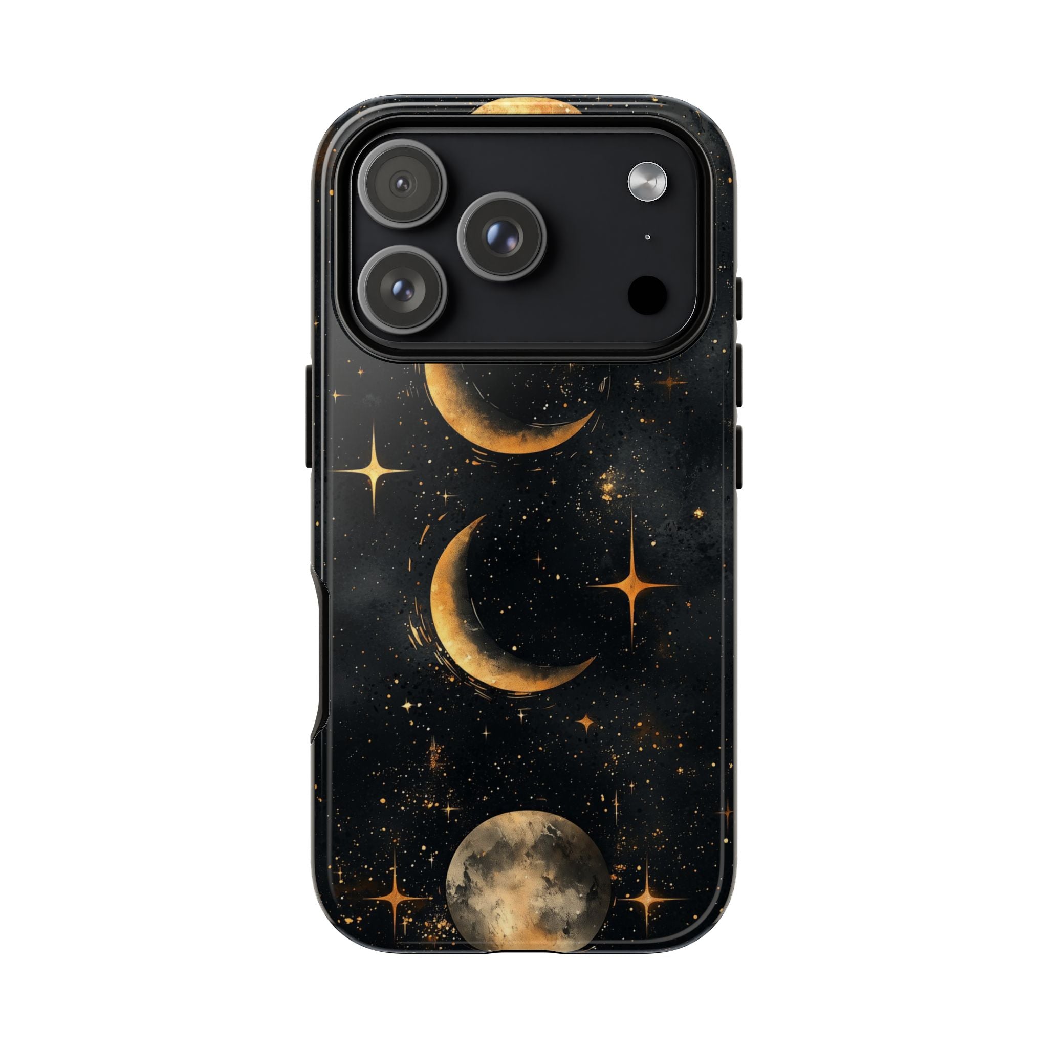 Celestial Moon Phases Tough iPhone Case | Gold Crescent & Full Moon Galaxy Design