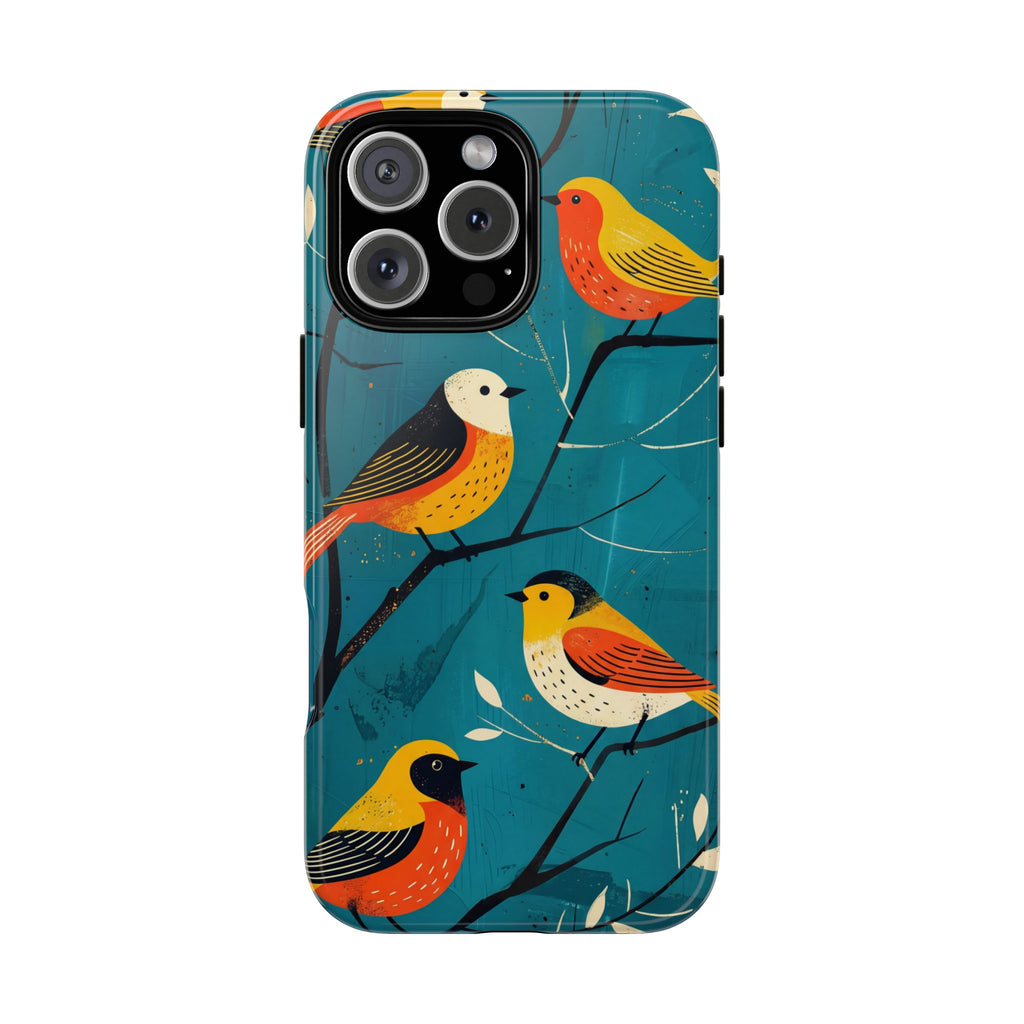 Bird Pattern Tough iPhone Case | Colourful Songbirds on Teal Background