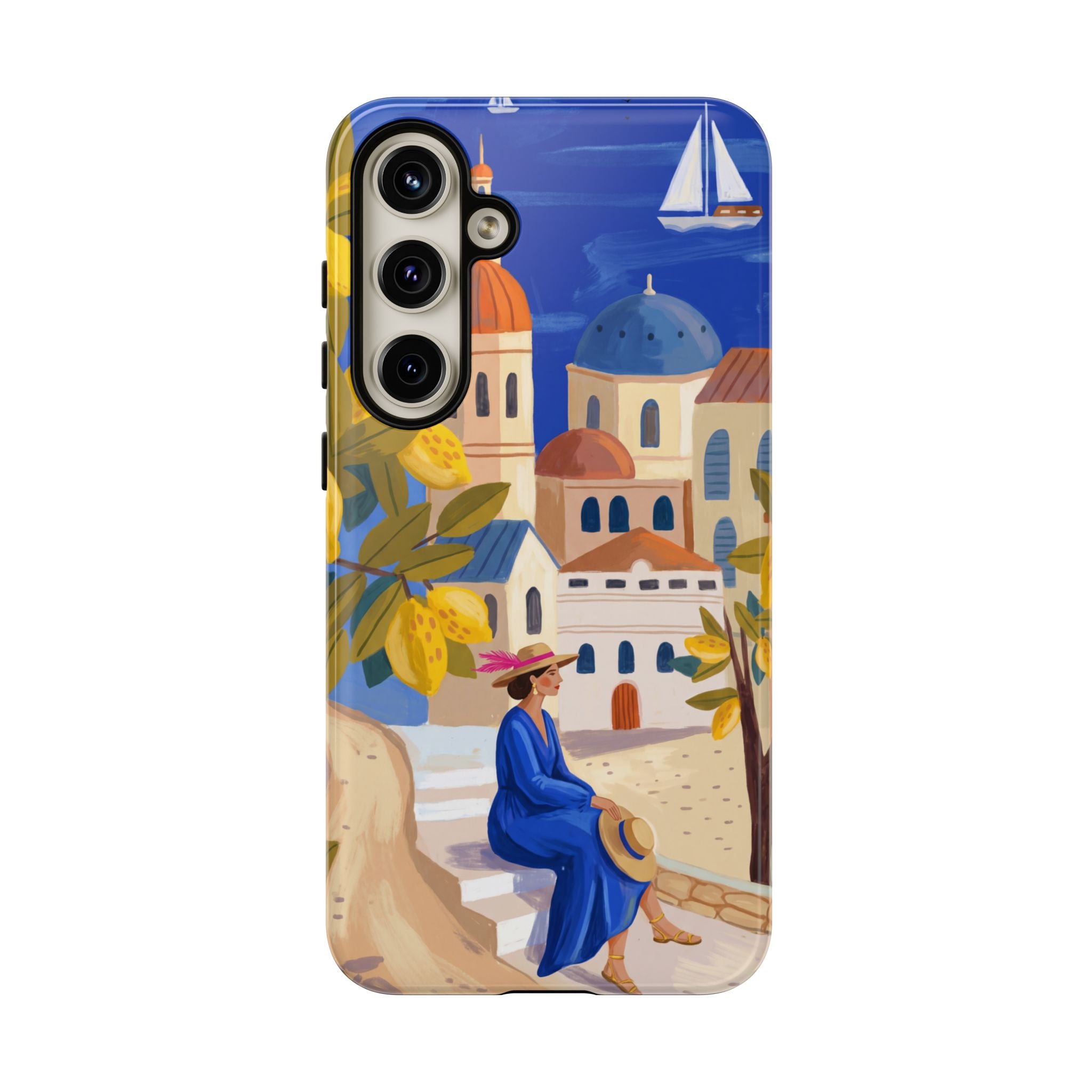 Mediterranean Village Samsung Galaxy Phone Case | Scenic Sailboat & Lemon Grove Design
