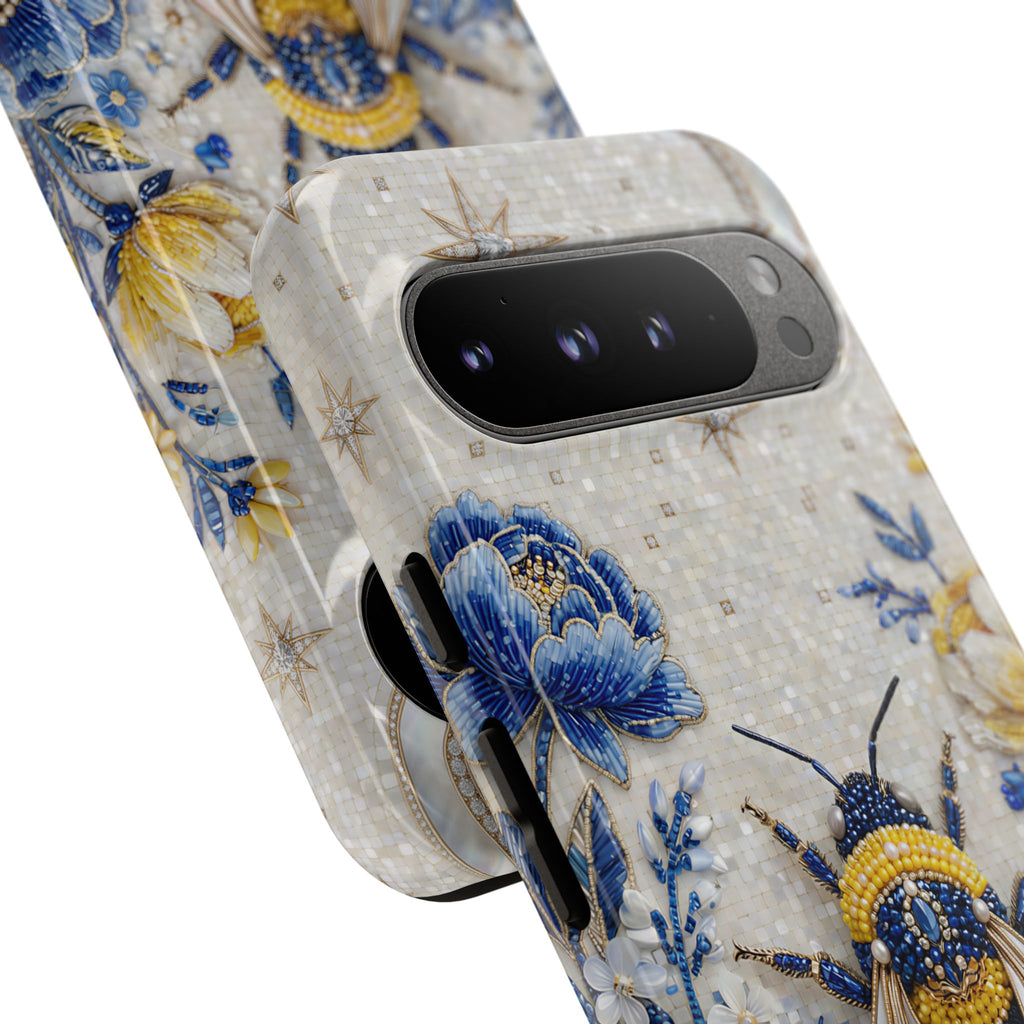 Custodia per telefono Google Pixel "Ape floreale" resistente | Design a giardino lunare blu e giallo