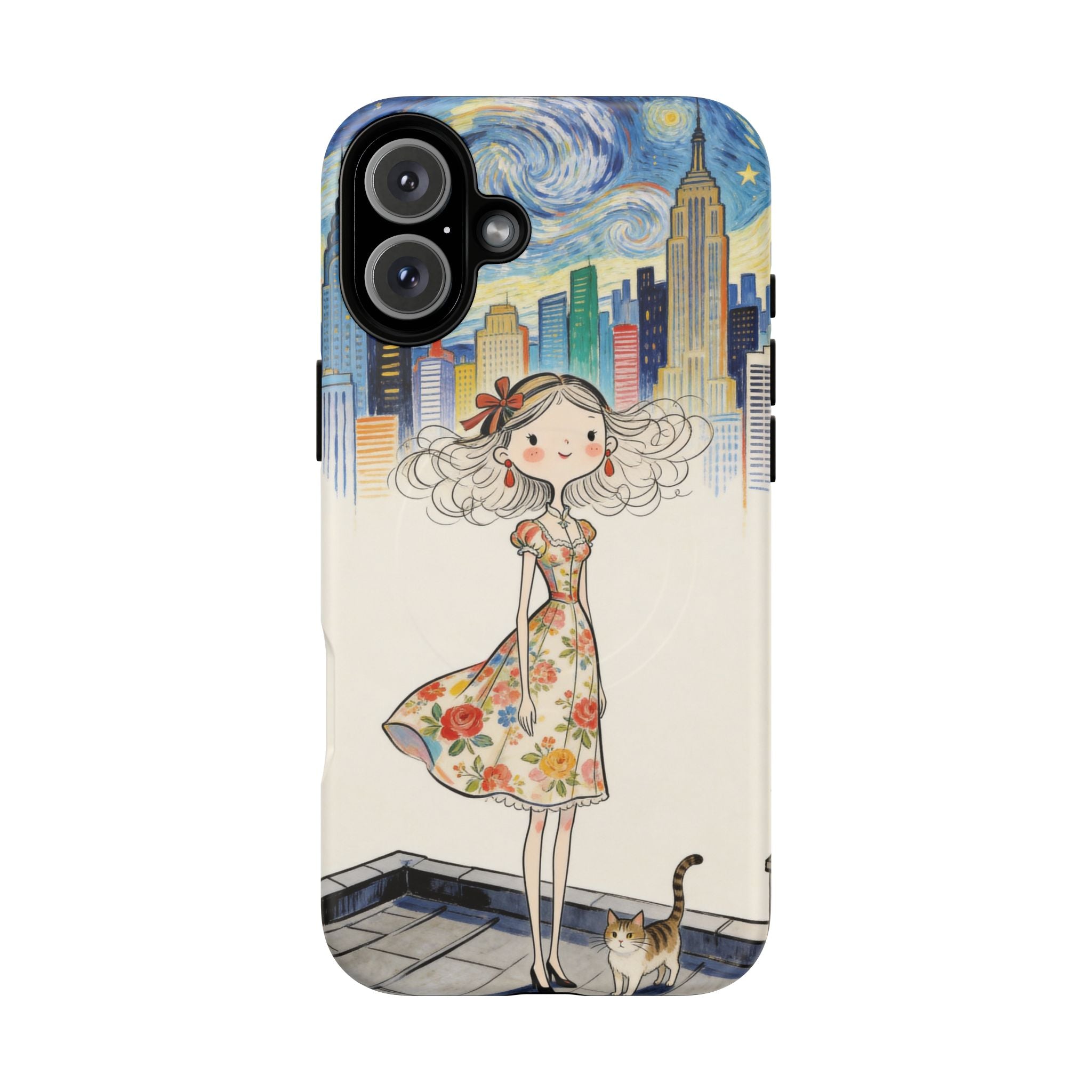 Artistic Girl Cityscape MagSafe iPhone Case | Cute Floral Dress Rooftop Design