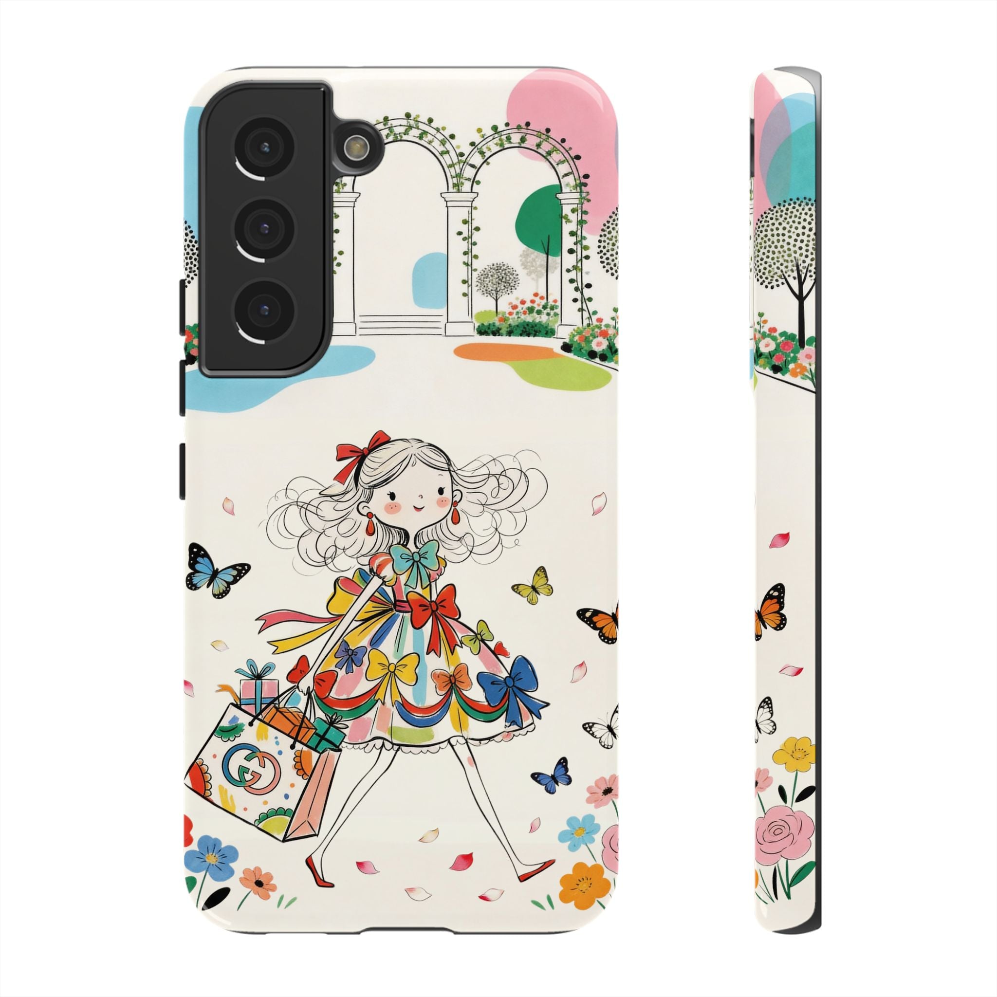 Whimsical Shopping Girl Samsung Galaxy Phone Case | Cute Floral Butterfly Tough Case