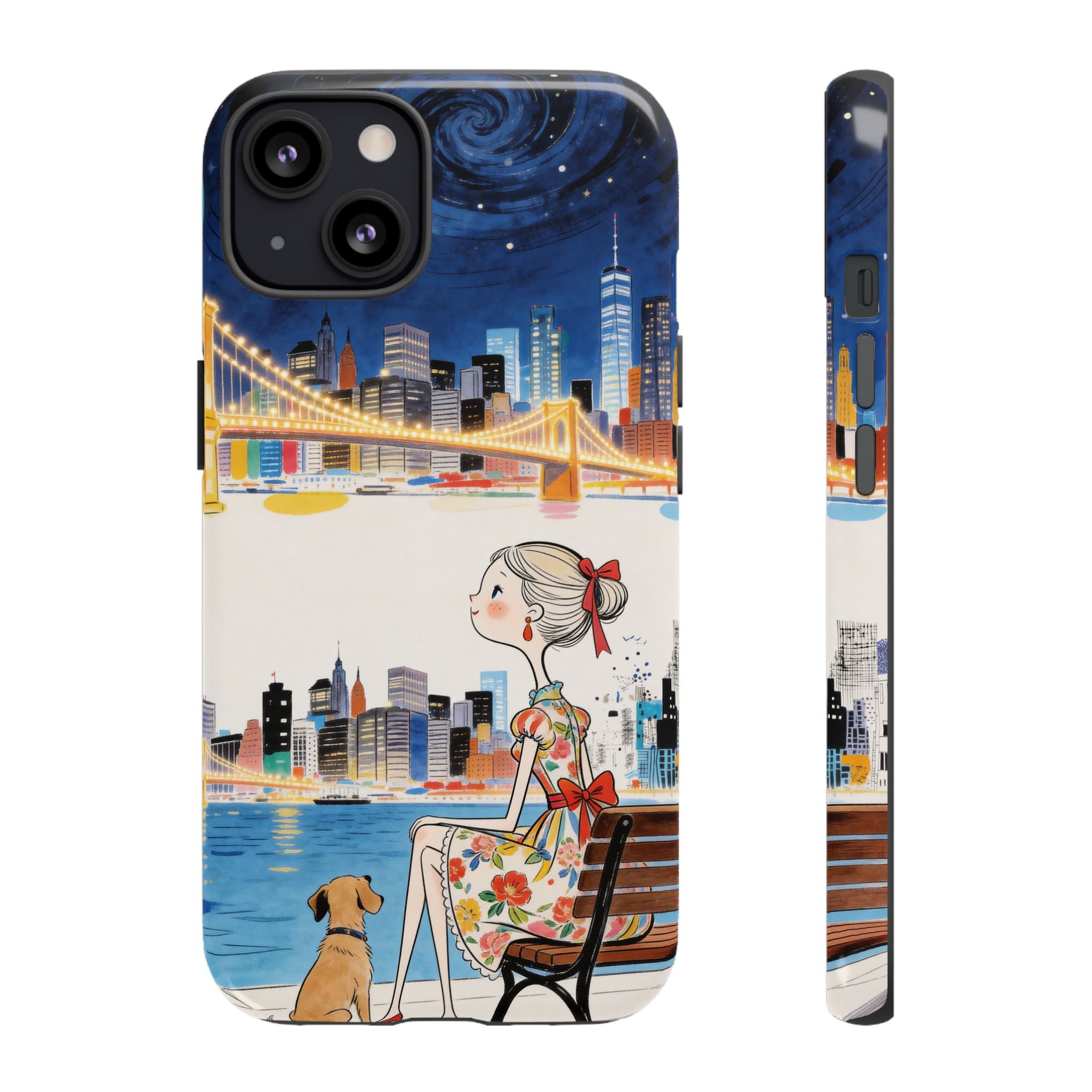 City Night iPhone Case | Cute Girl & Dog Bench Illustration