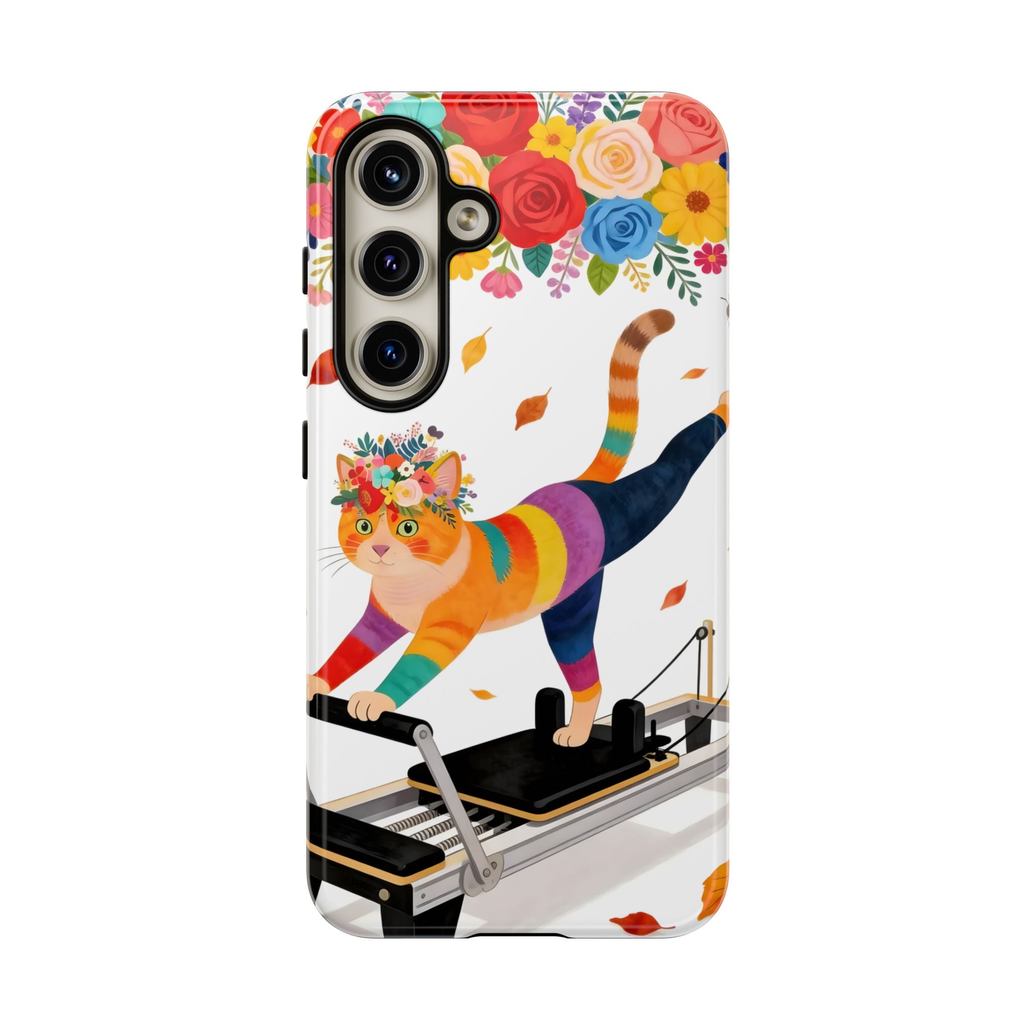 Cat Pilates Samsung Galaxy Phone Case | Floral Rainbow Cat on Reformer