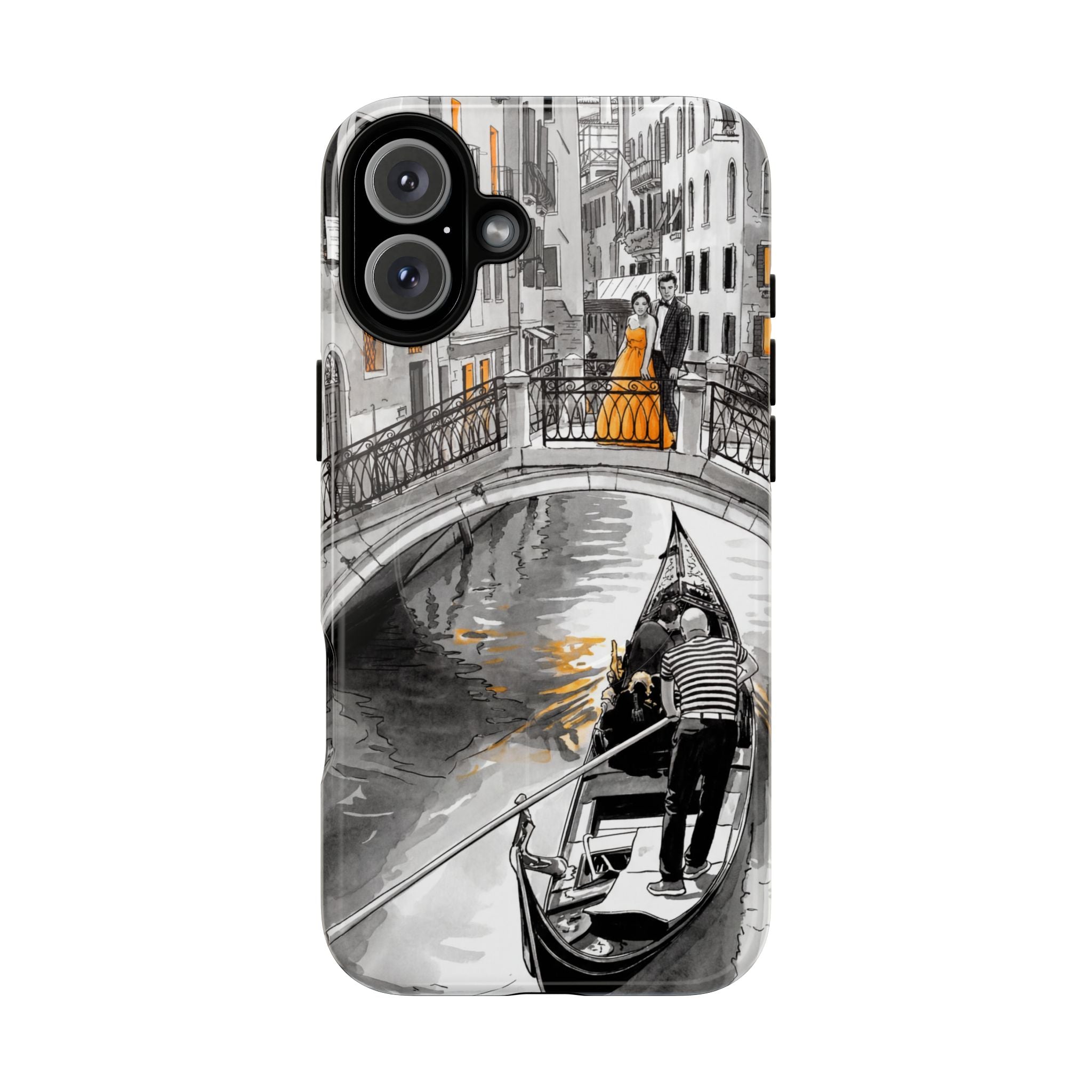 Custodia per iPhone Gondola di Venezia | Custodia MagSafe resistente con motivo schizzo in bianco e nero e dettagli dorati