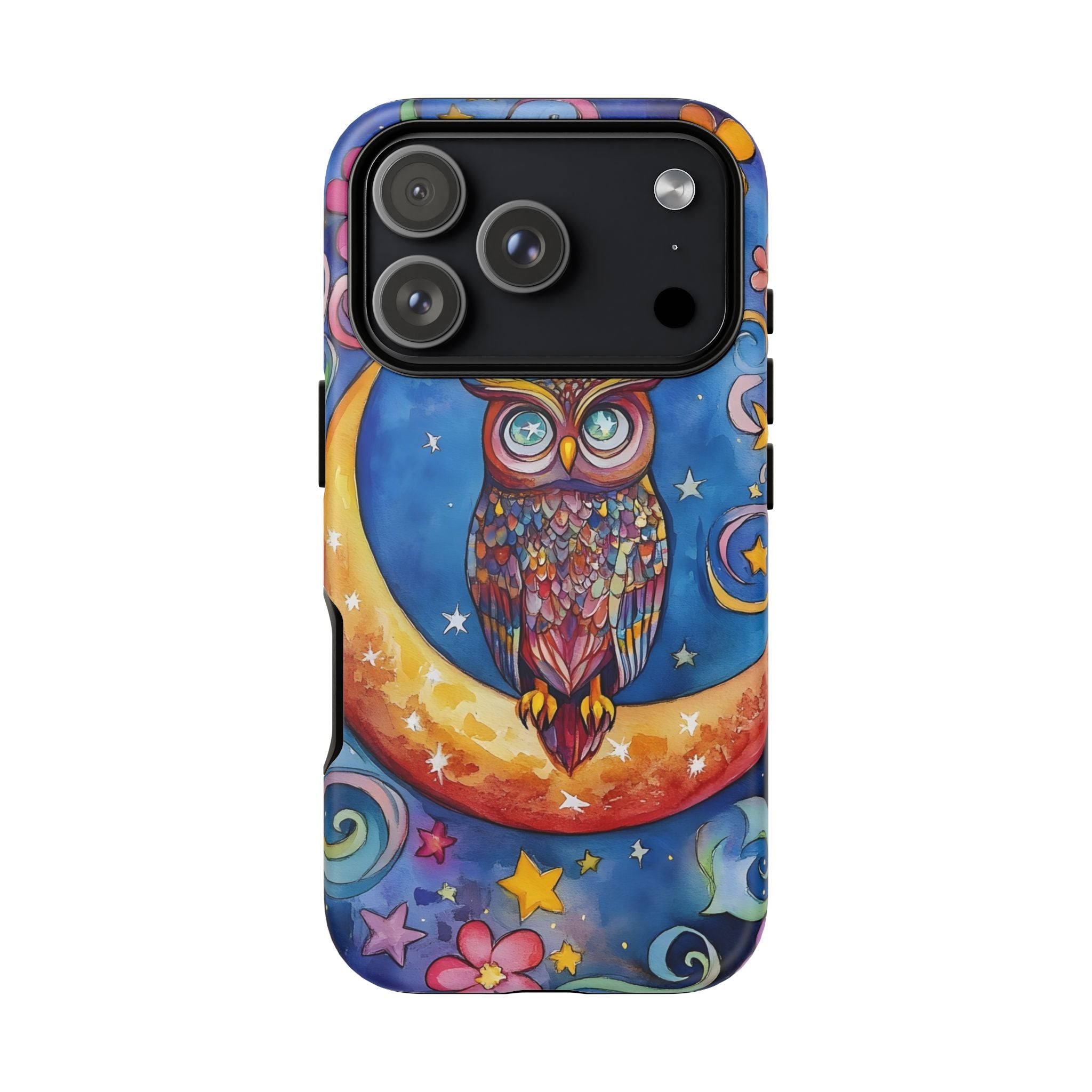 Owl on Crescent Moon iPhone Case — Colourful Whimsical Night Sky Design