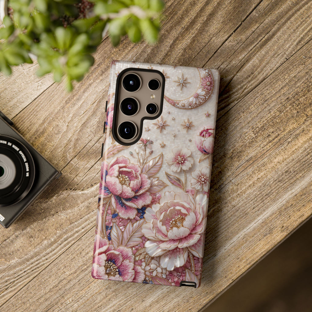 Custodia Rigida per Telefono Samsung Galaxy Floral Moon | Cover Protettiva con Peonia Rosa Vintage