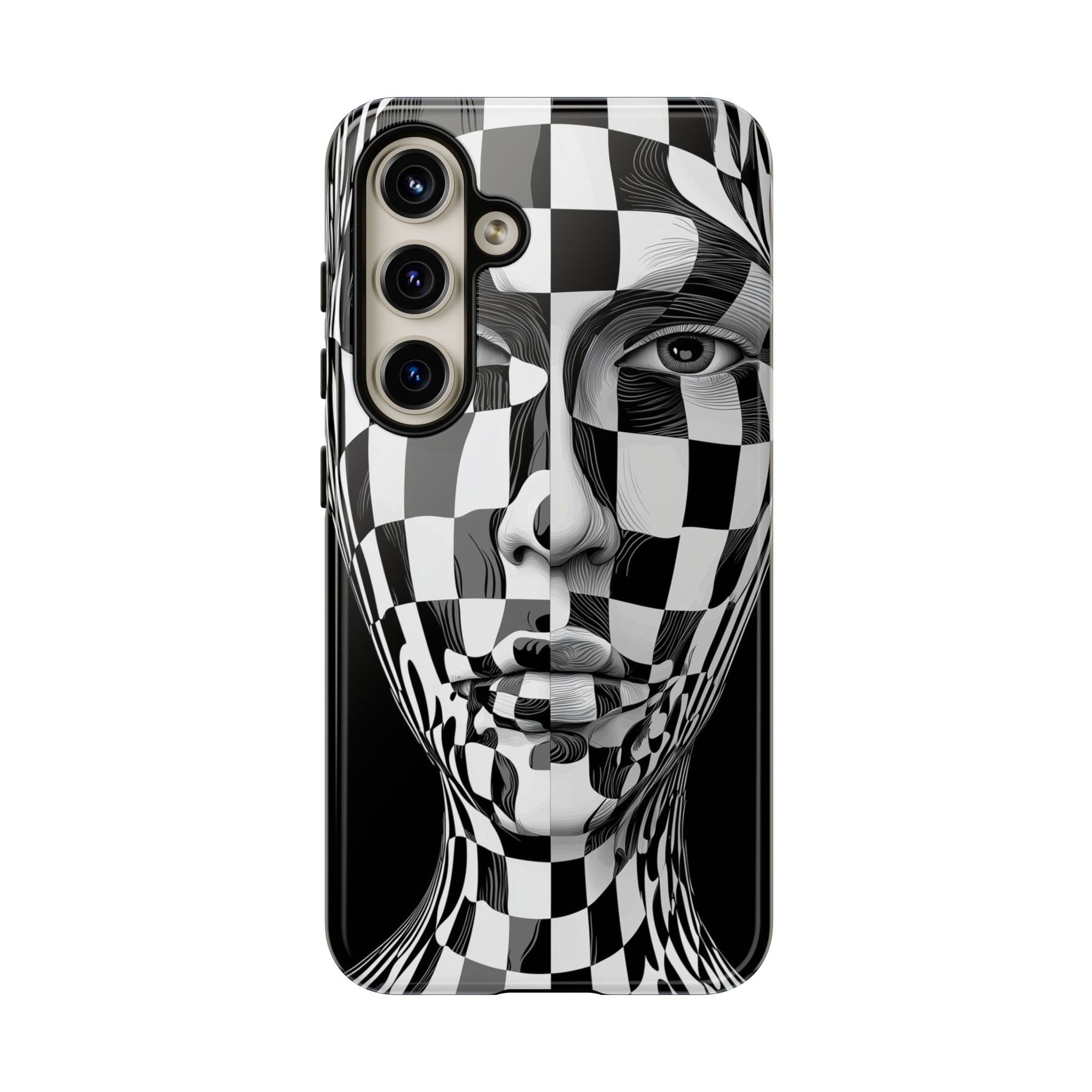 Checkerboard Face Tough Samsung Galaxy Case — Black & White Surreal Art Protective Cover