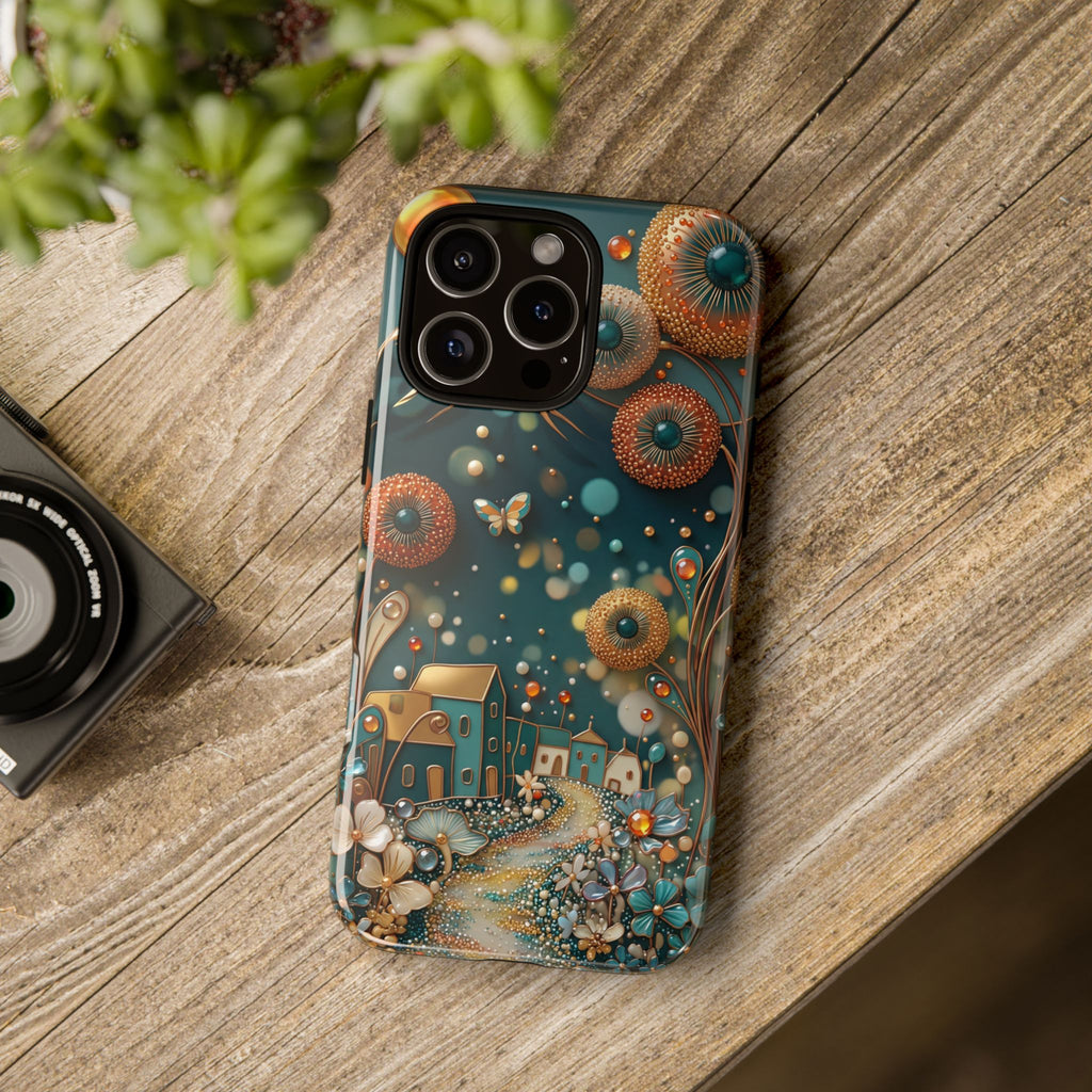 Whimsical Night Village iPhone Case | Floral Moonlit Art Tough Case