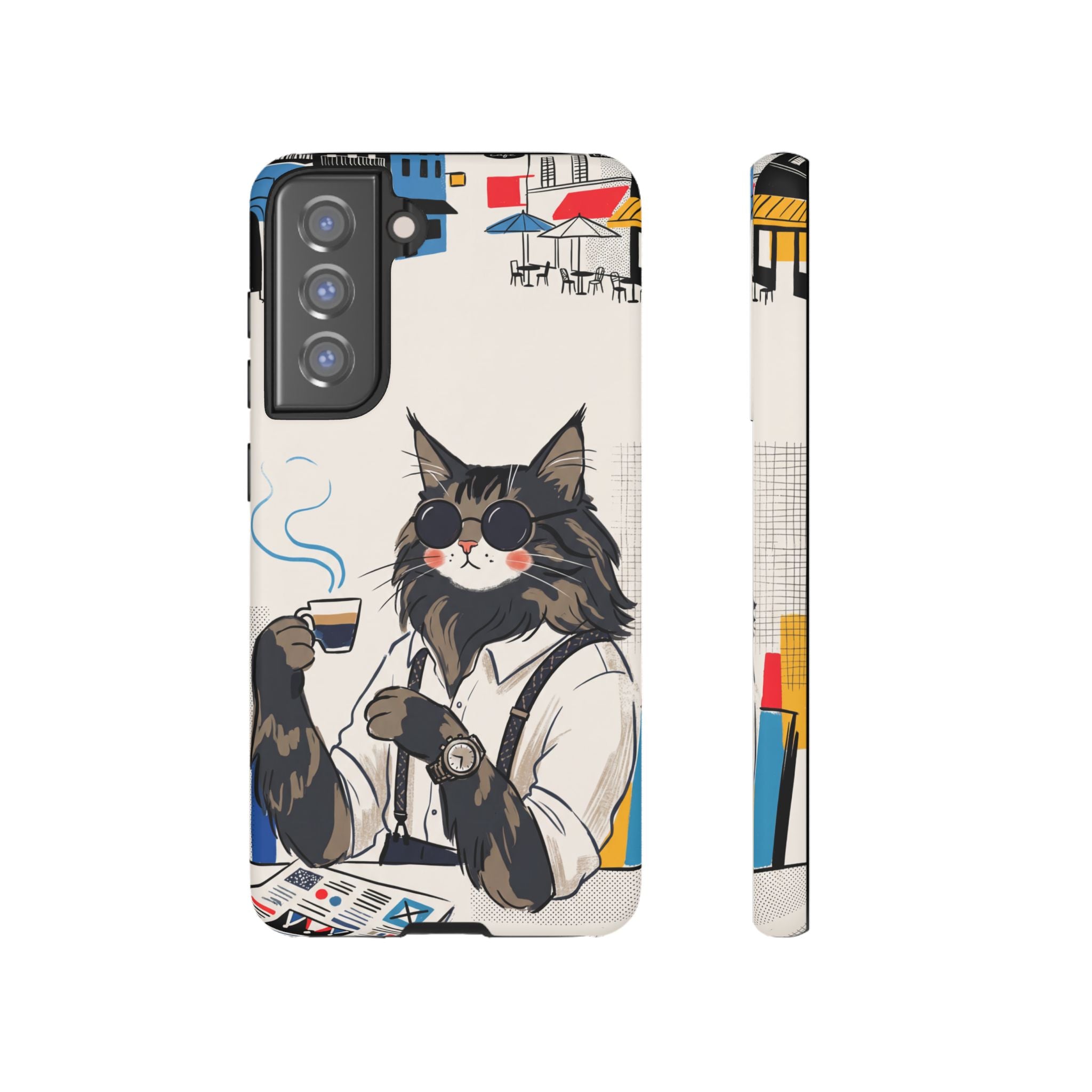 Cat Barista Samsung Galaxy Phone Case | Cool Cat in Sunglasses Coffee Shop Design