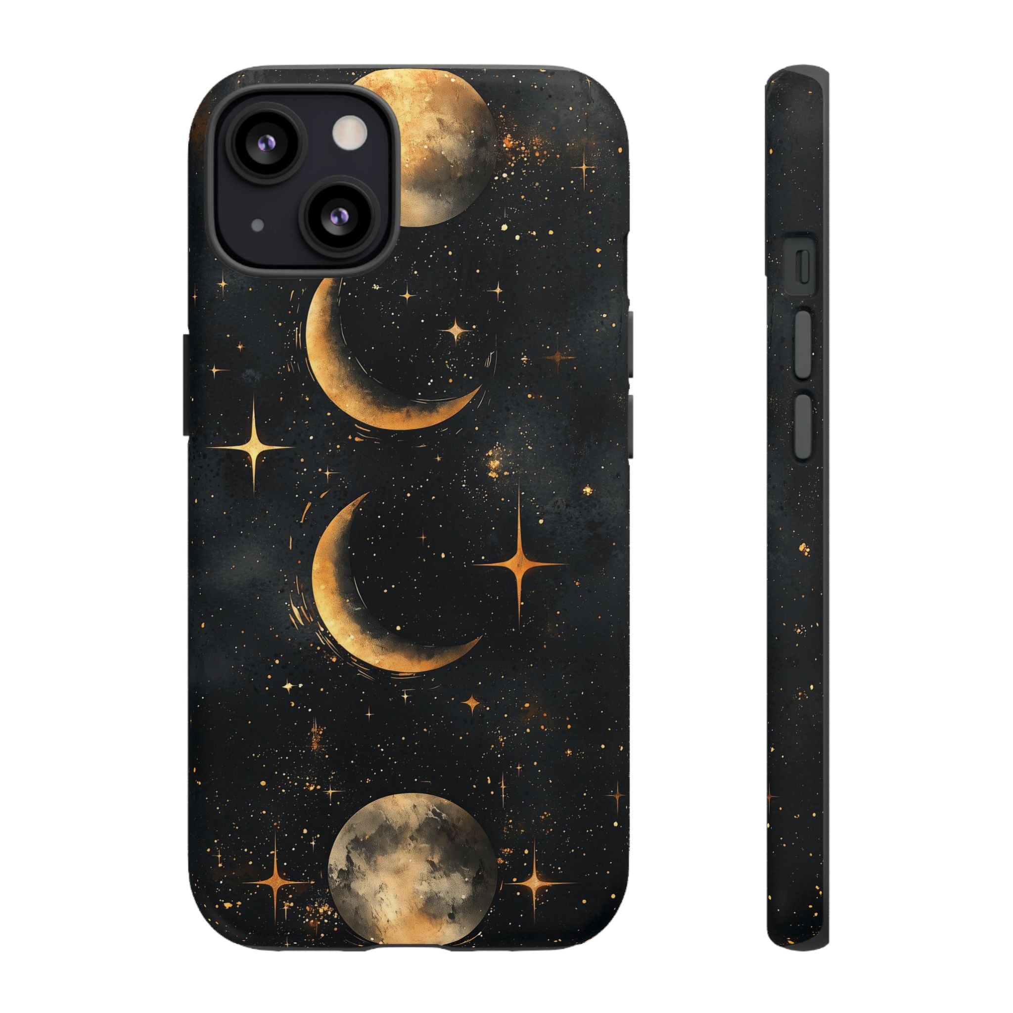 Celestial Moon Phases Tough iPhone Case | Gold Crescent & Full Moon Galaxy Design