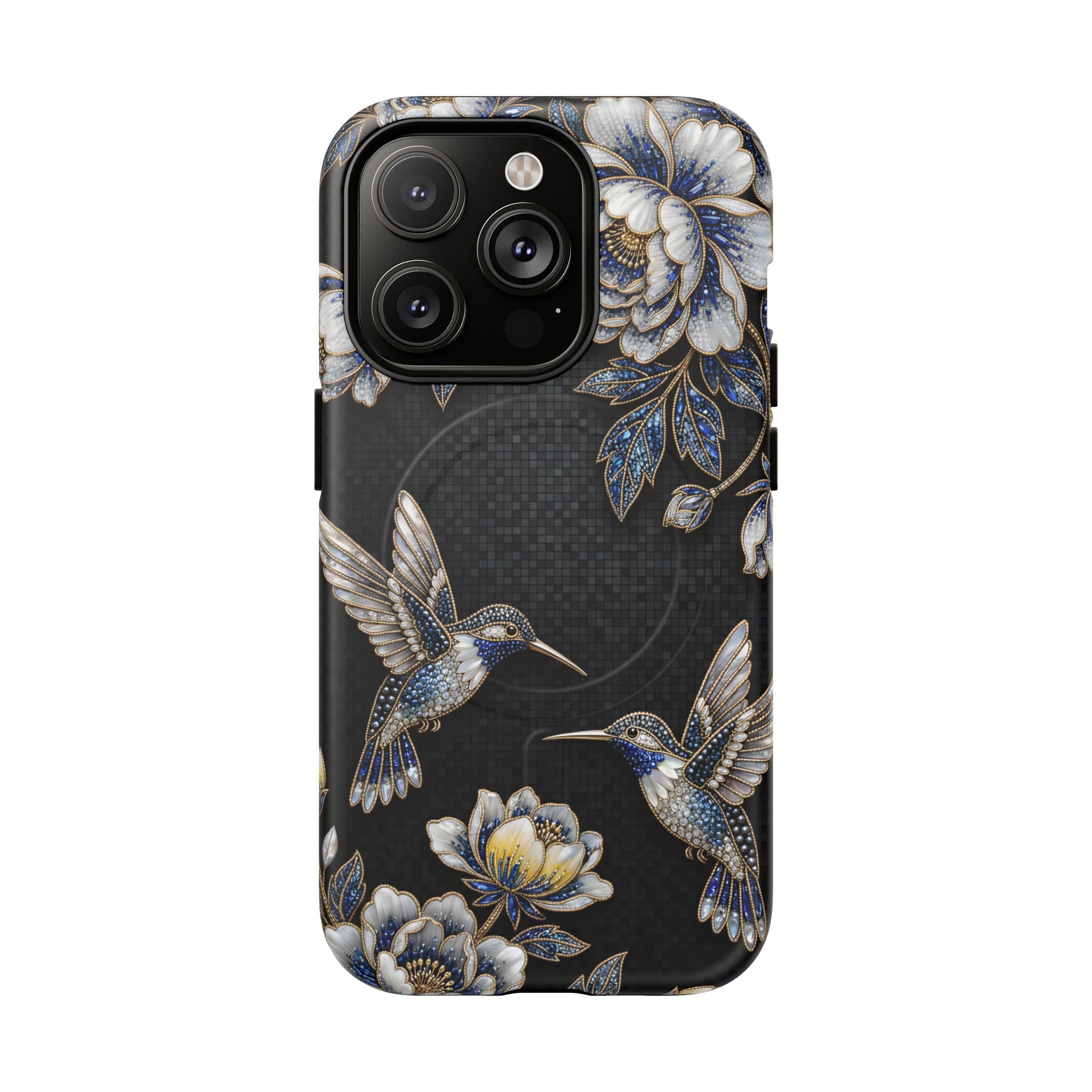 Hummingbird & Peony Floral MagSafe iPhone Case | Elegant Black Protective Cover