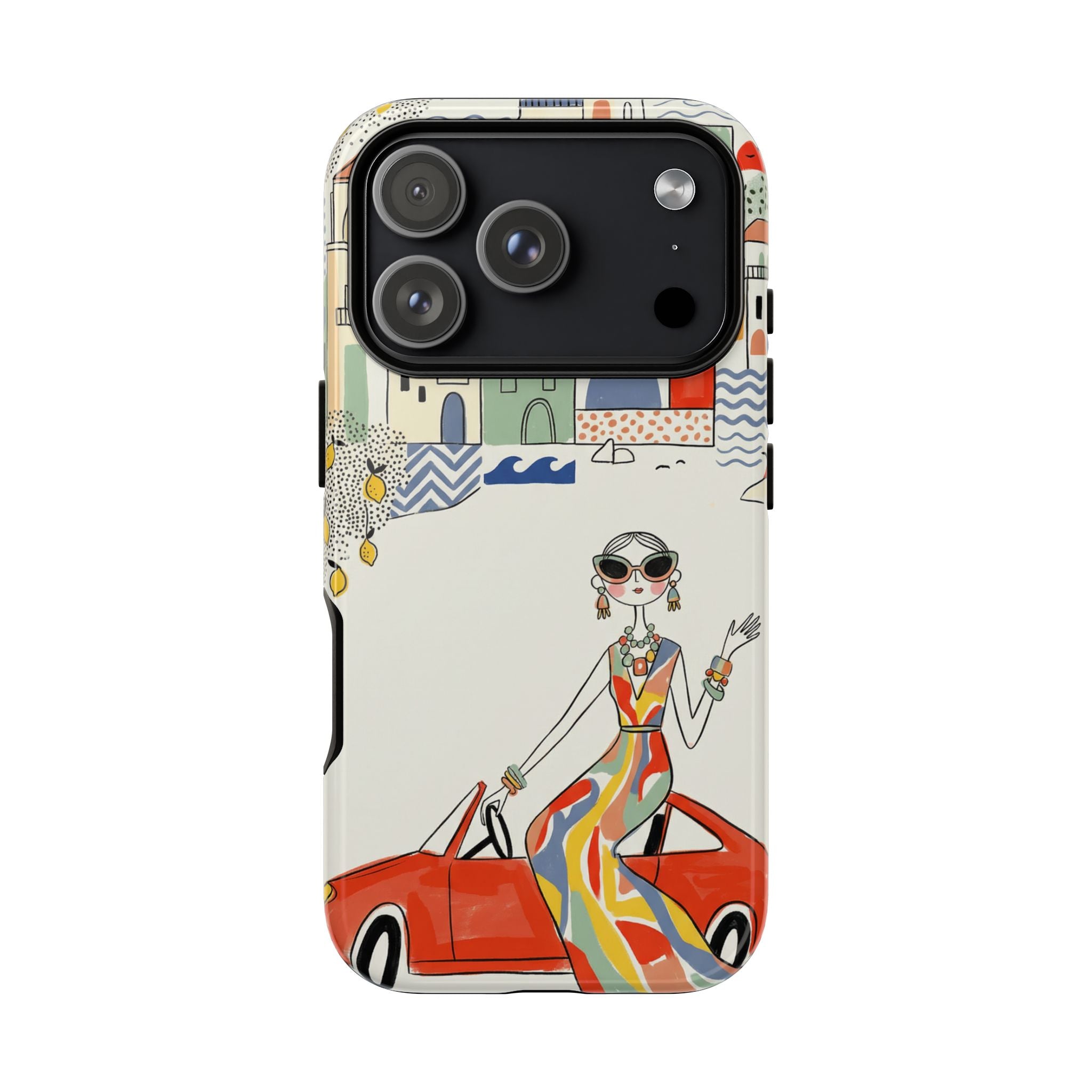 Stylish Riviera iPhone Case | Chic Retro Woman in Convertible Design