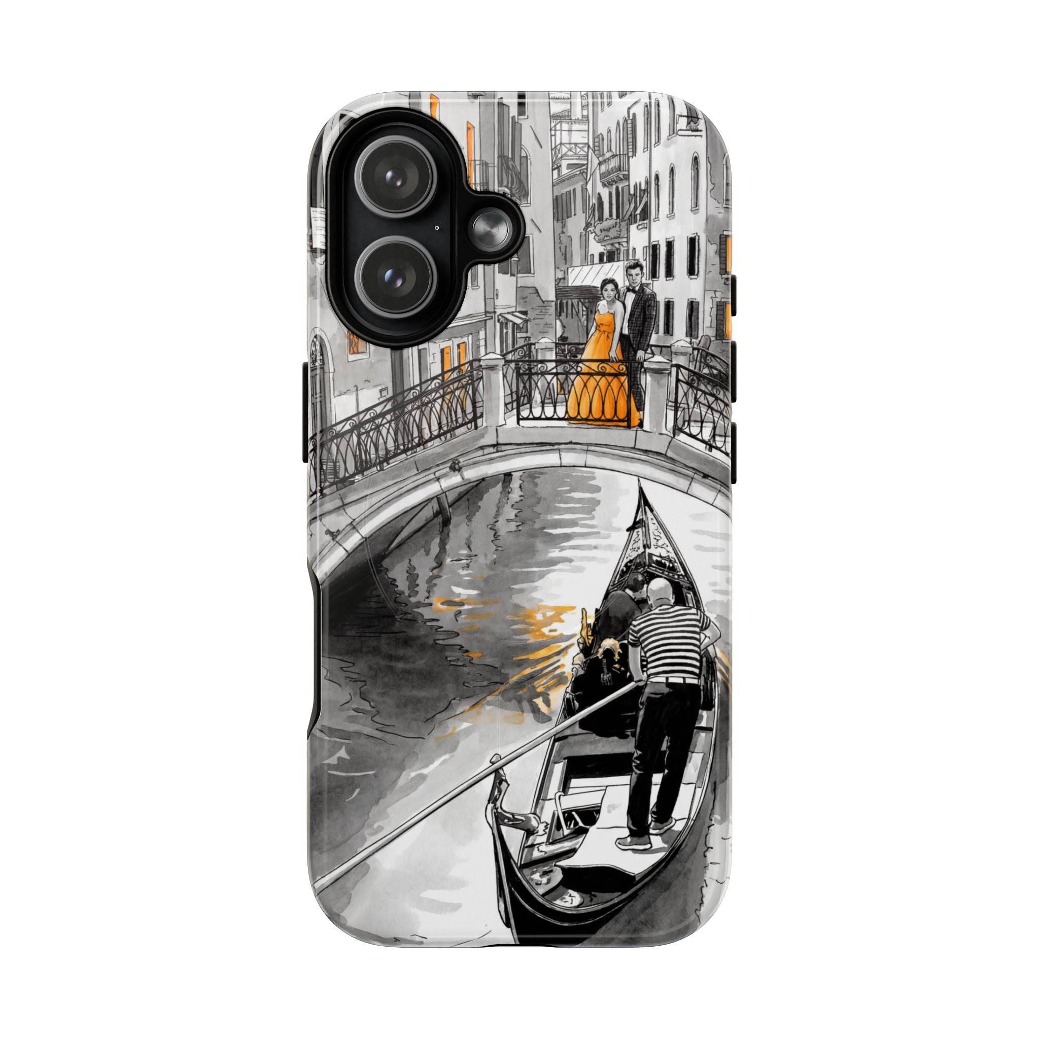 Custodia per iPhone Gondola di Venezia | Custodia MagSafe resistente con motivo schizzo in bianco e nero e dettagli dorati