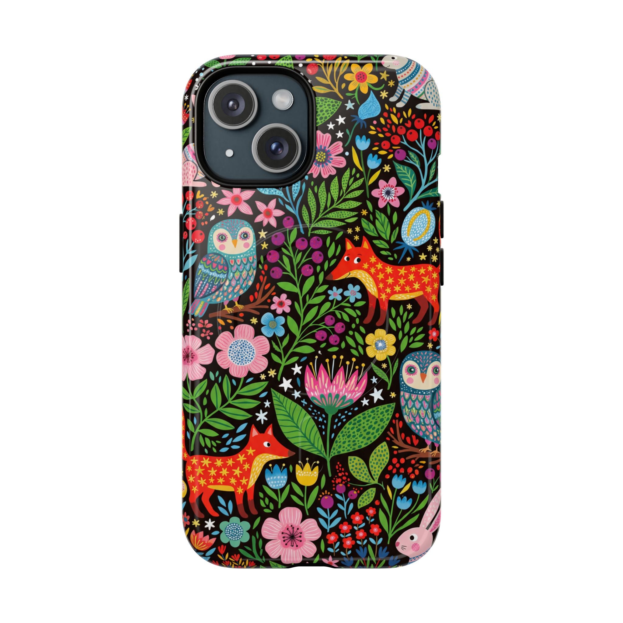 Floral Woodland MagSafe iPhone Case | Colourful Fox & Owl Protective Cover