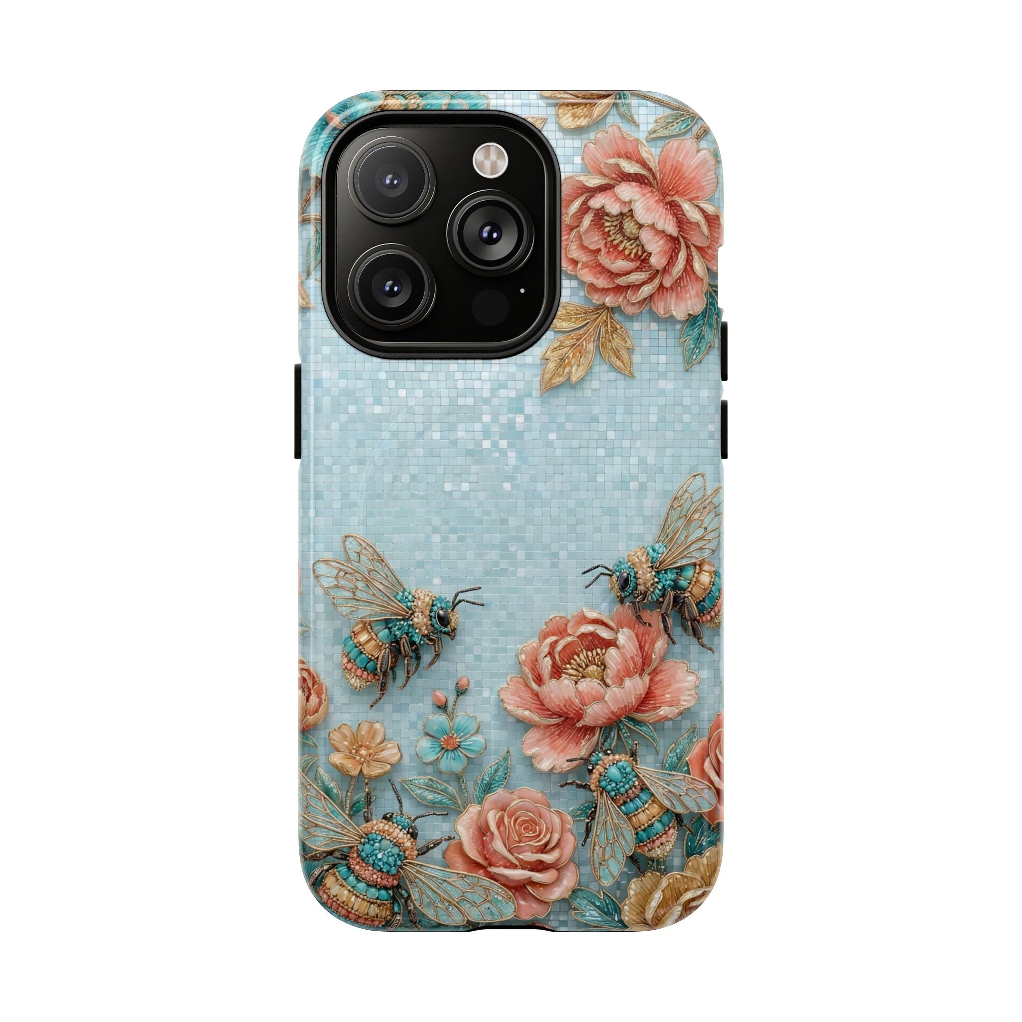 Floral Bees MagSafe iPhone Case | Vintage Rose & Turquoise Protective Cover