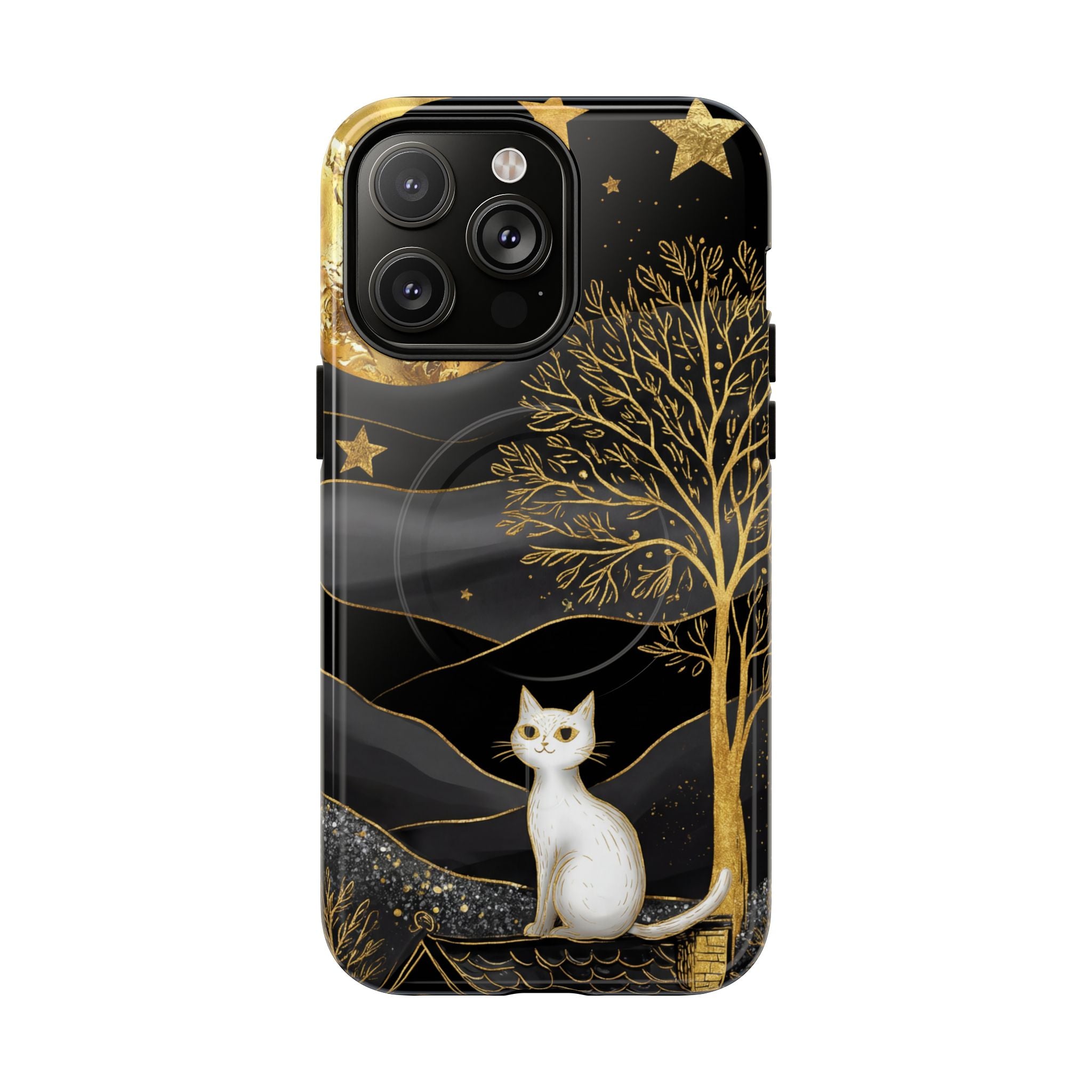 Custodia per iPhone Moonlit Cat | Custodia resistente MagSafe nera e oro