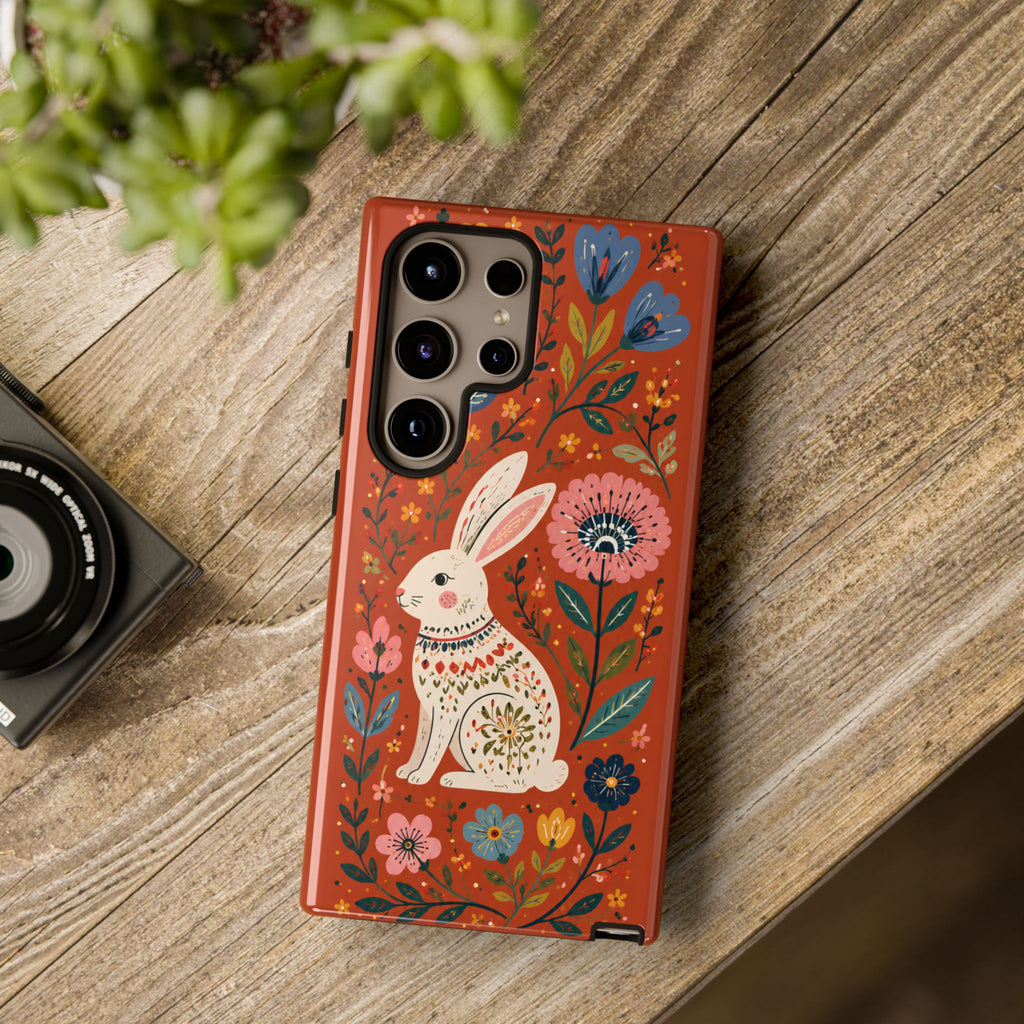 Floral Rabbit Tough Samsung Galaxy Phone Case | Protective Phone Case with Folk Art Bunny Design