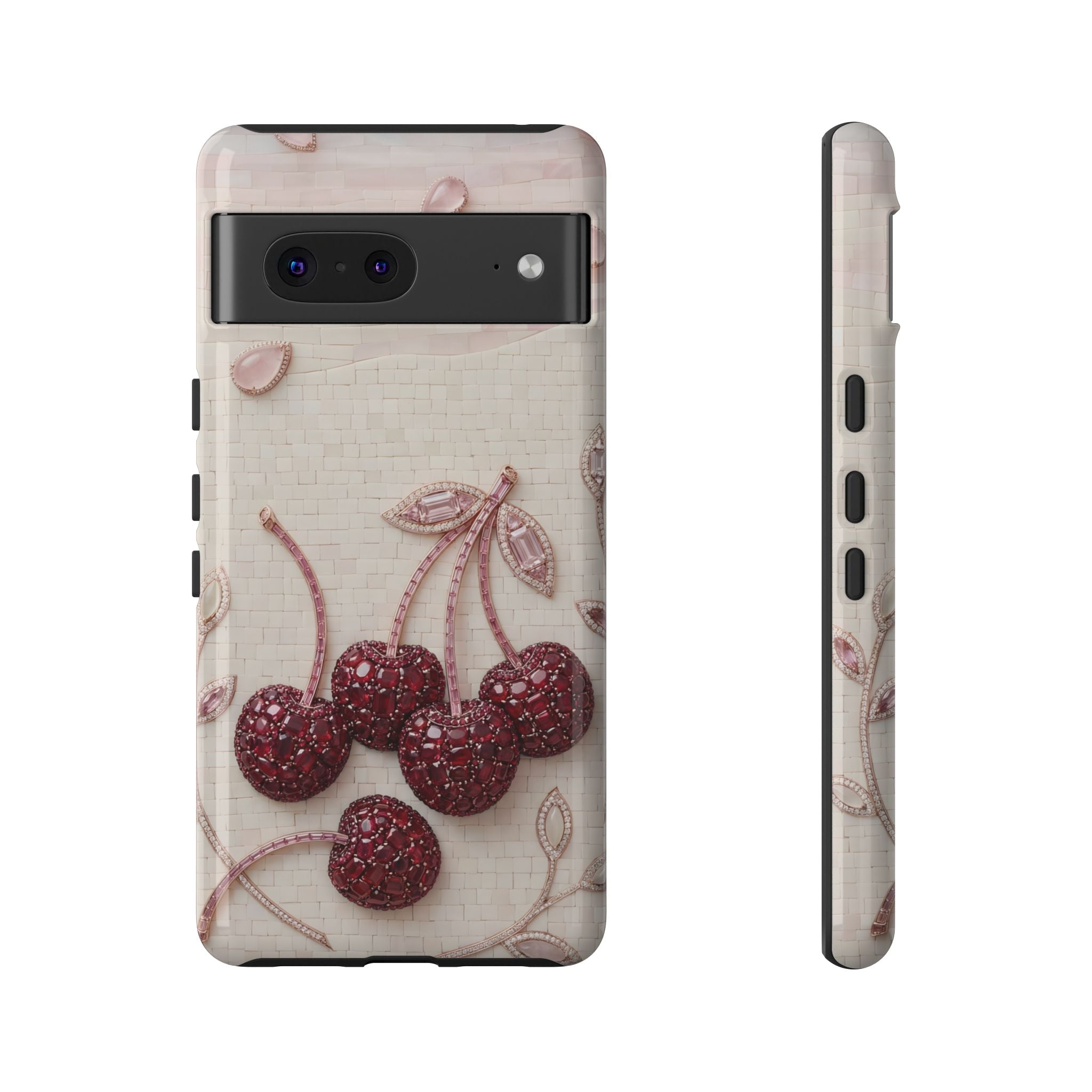 Cherry Embroidery Google Pixel Phone Case | Glitter Red Cherries Pattern