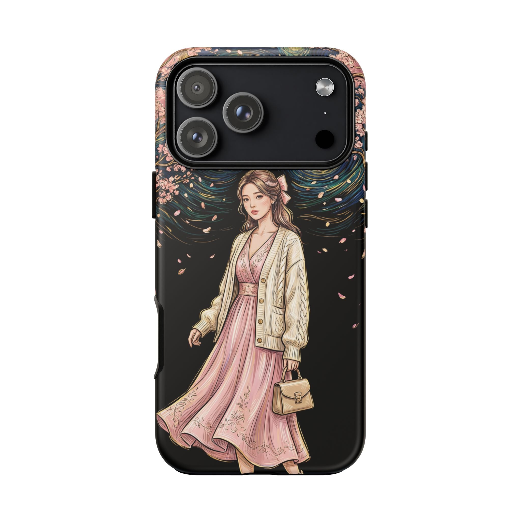 Floral Starry Night iPhone Case | Elegant Girl in Pink Dress