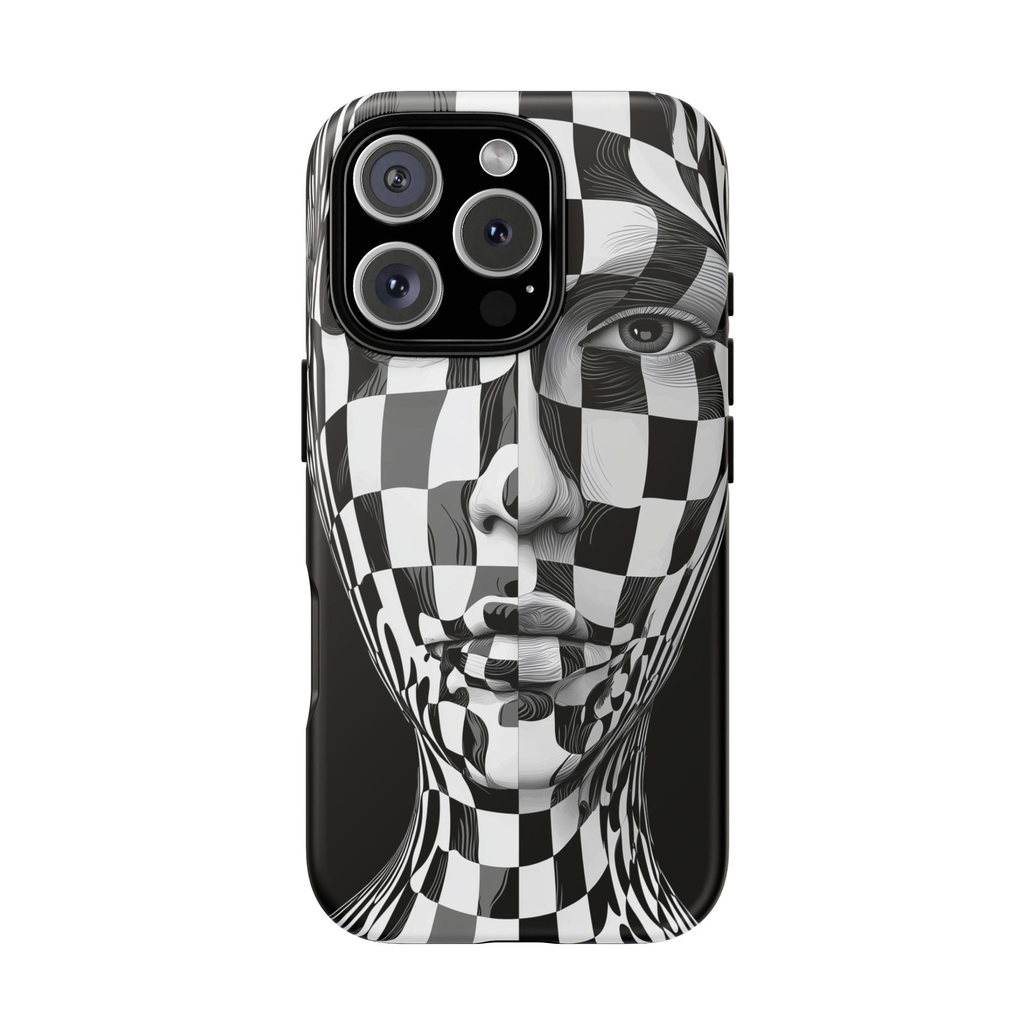 Checkerboard Face Tough iPhone Case — Black & White Surreal Art Protective Cover