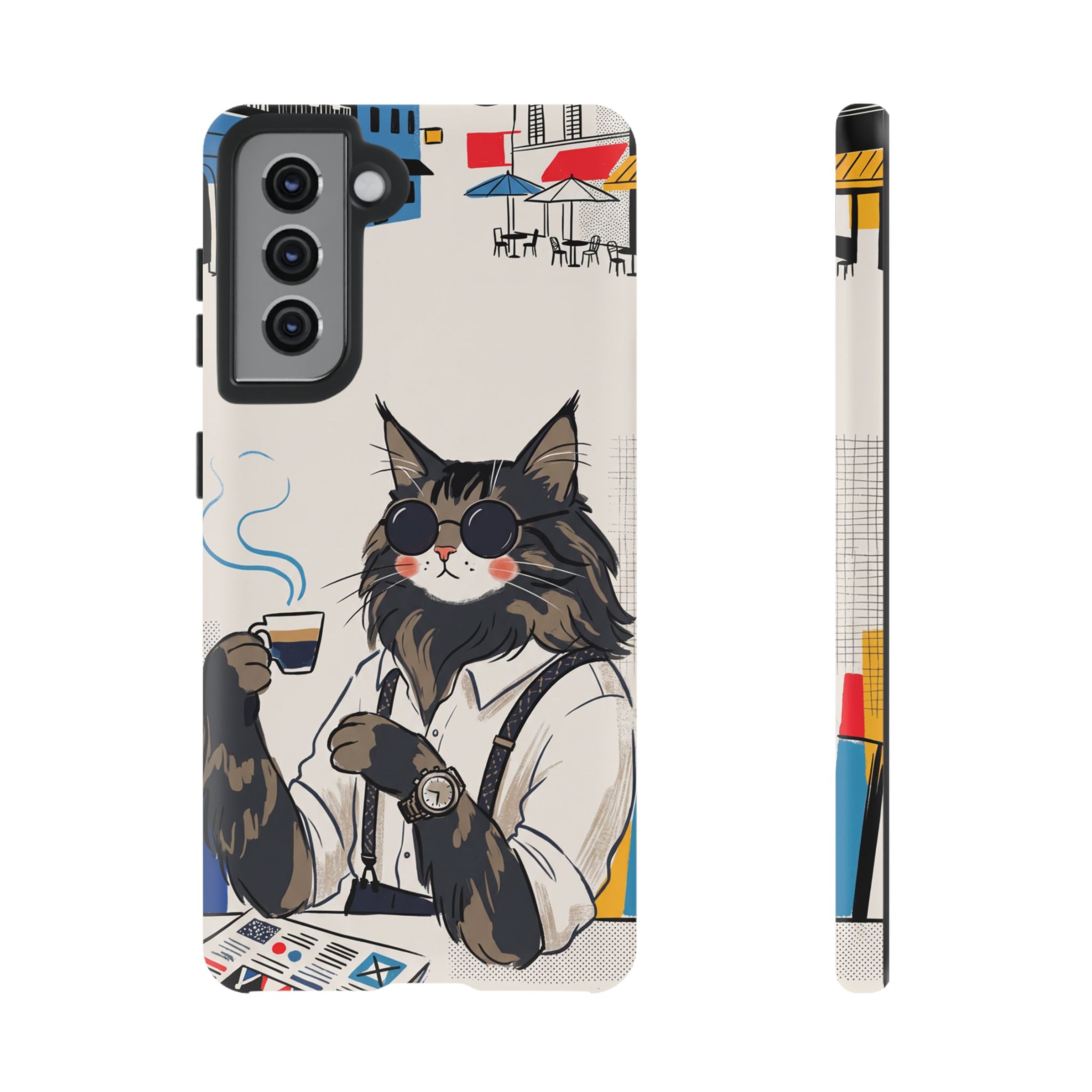 Cat Barista Samsung Galaxy Phone Case | Cool Cat in Sunglasses Coffee Shop Design