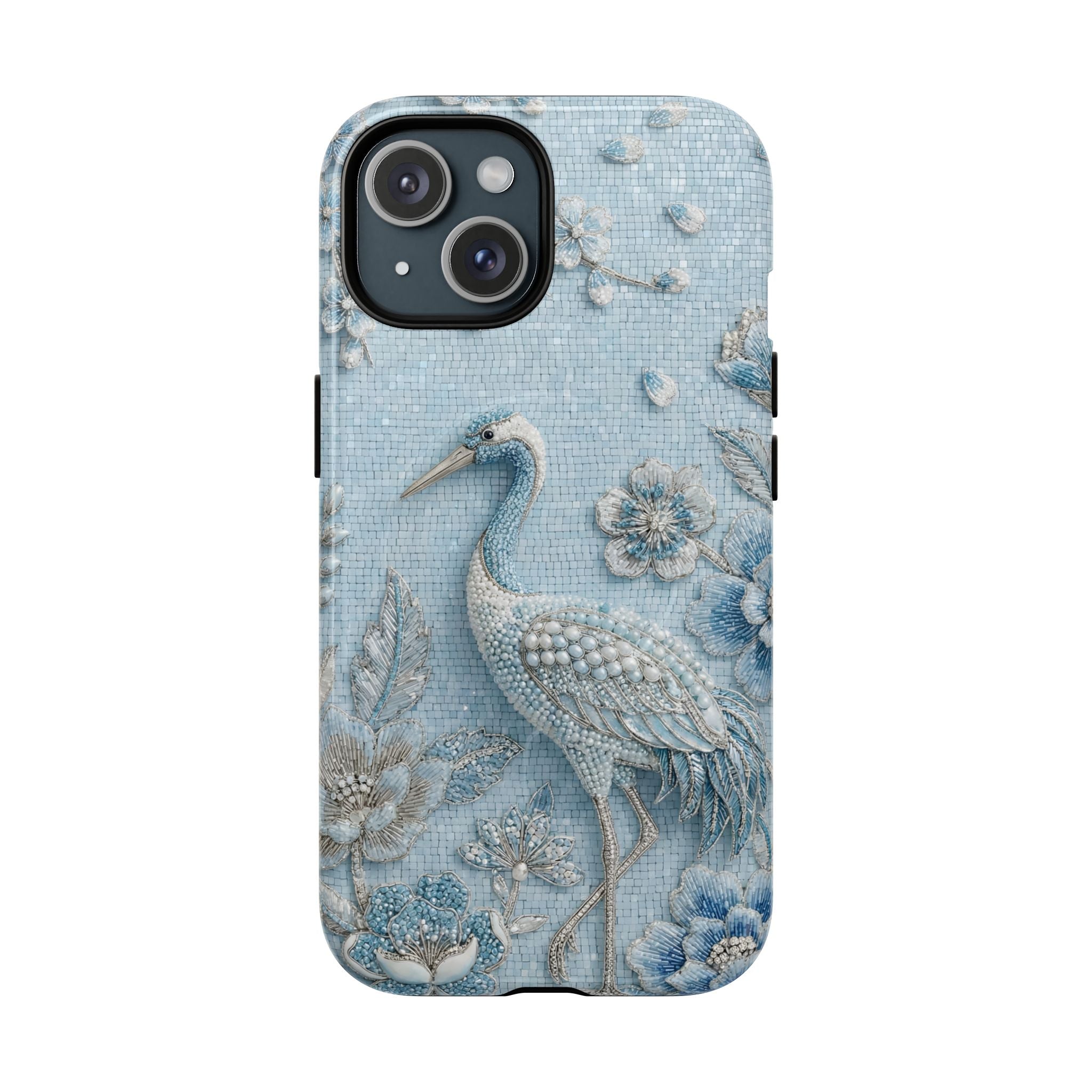 Blue Crane Floral MagSafe iPhone Case | Vintage Embossed Bird Design
