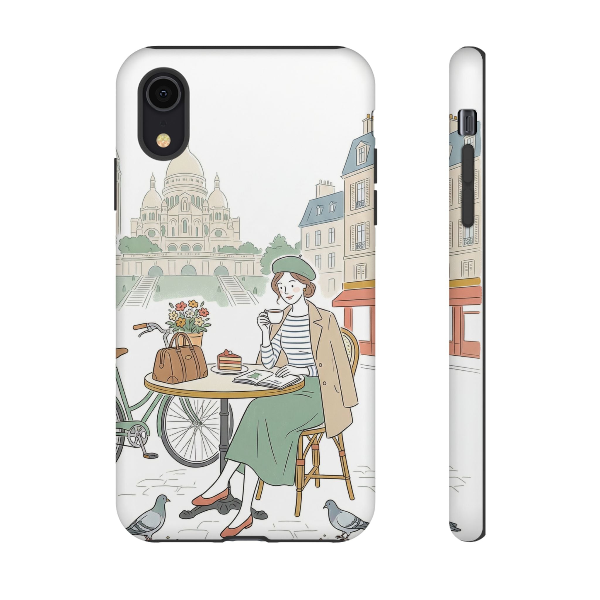 Paris Cafe Illustration iPhone Case | Vintage Bicycles & Pigeons Protective Cover