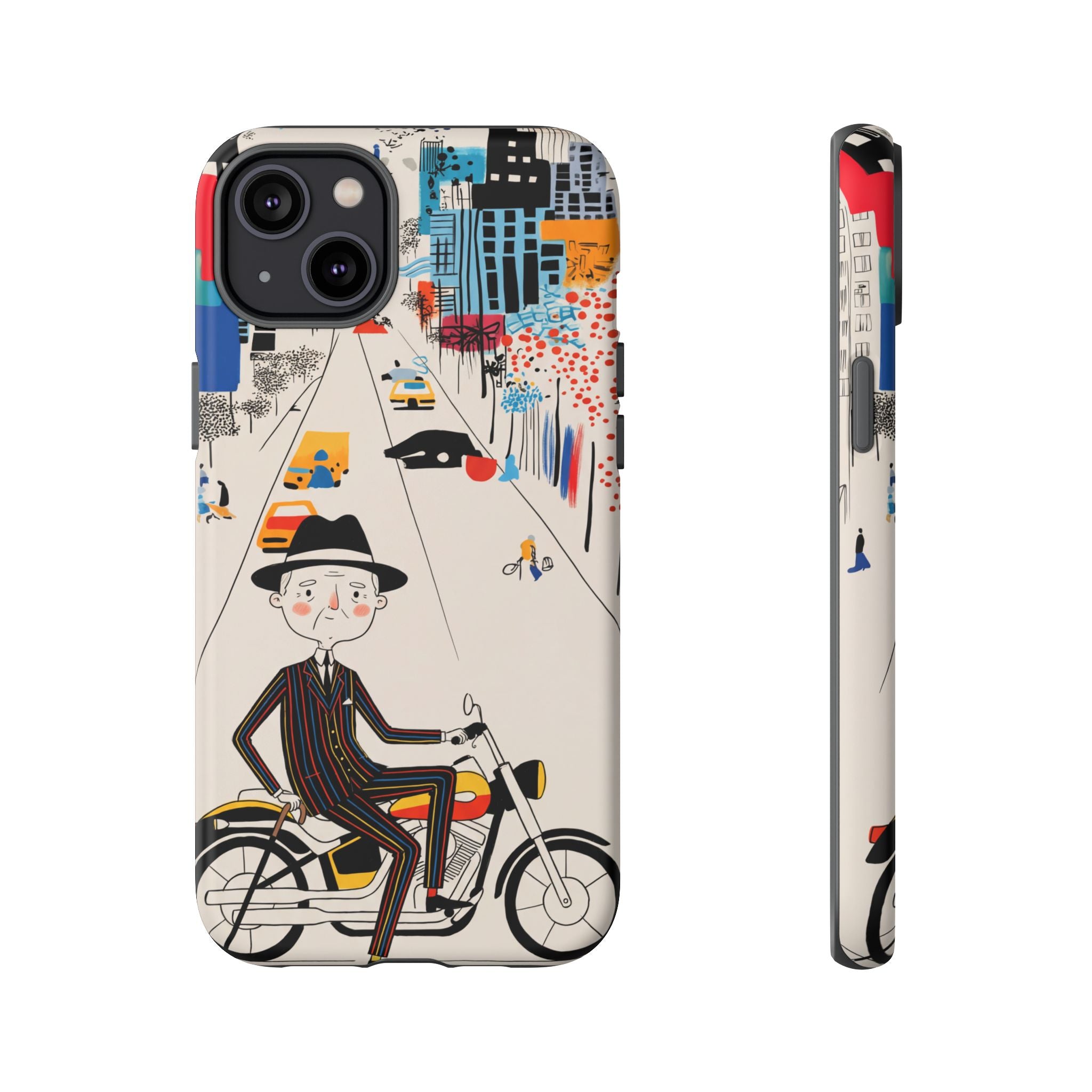 Vintage Grandpa Rider Motorcycle iPhone Case | Illustrated Cityscape