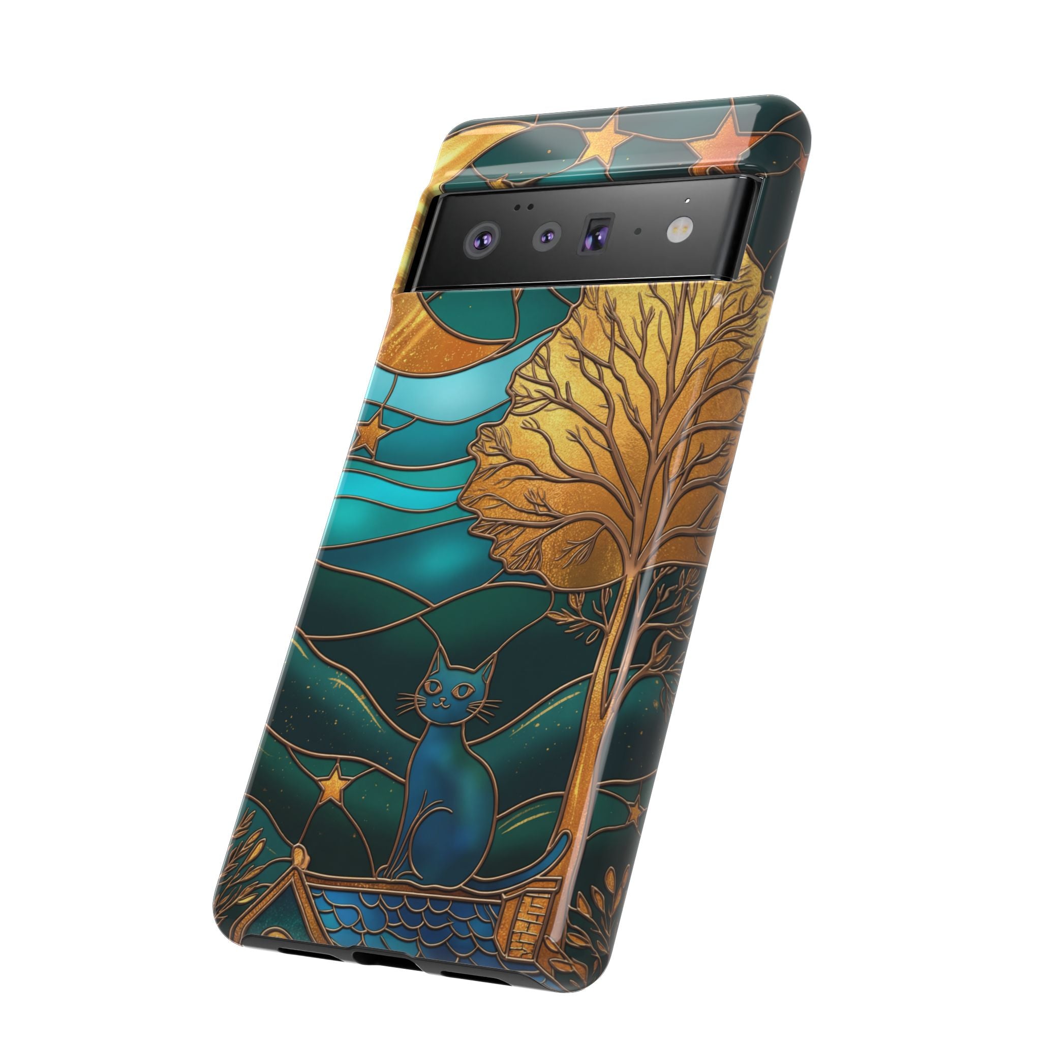 Stained Glass Night Cat Google Pixel Case | Teal & Gold Art Deco Protection